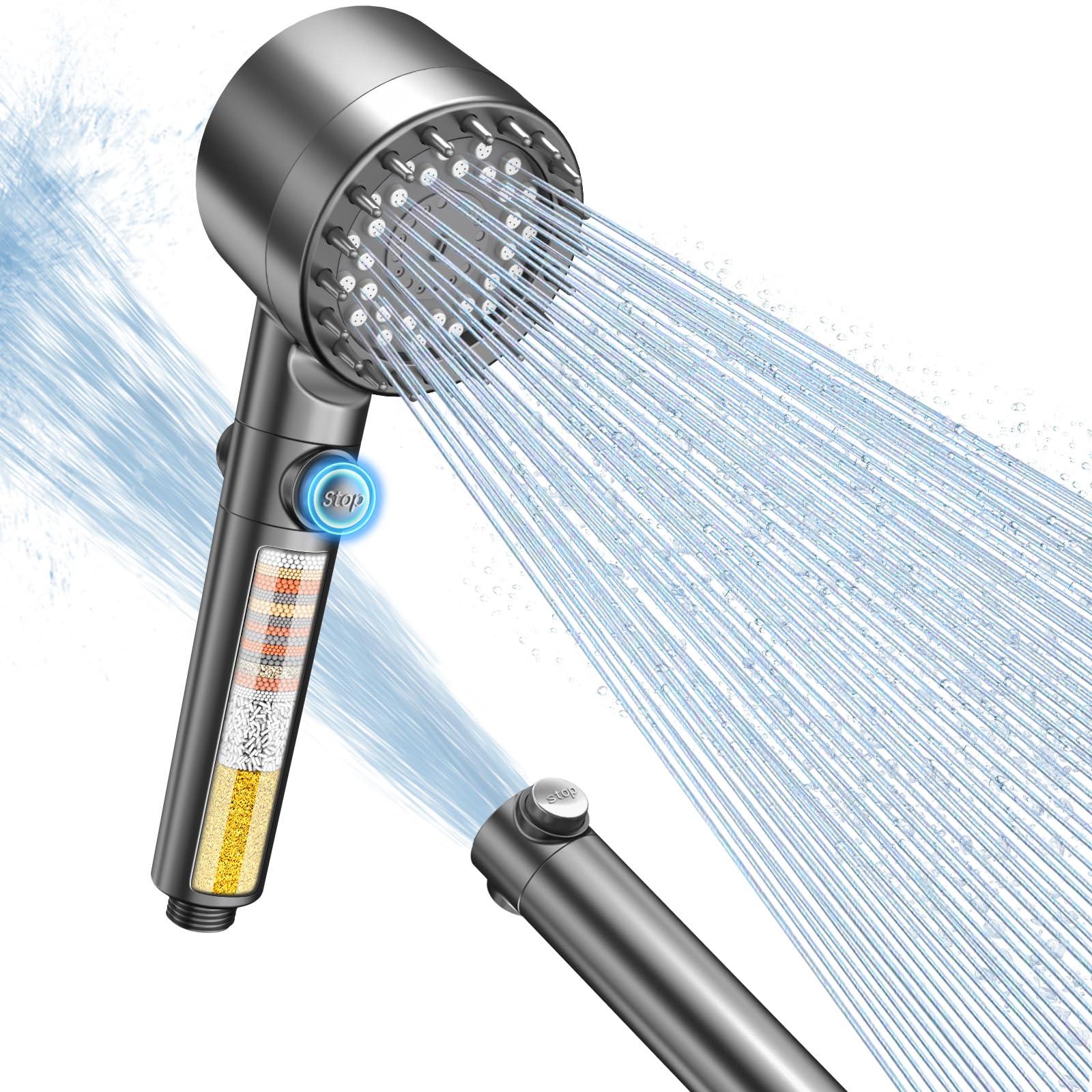 FEELSO Pommeau de Douche Anti Calcaire avec Filtre 15 Couches, 3+1 Jets Haute Pression, Stop Eau, Économie d'Eau (Gris)