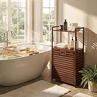 Vista 7 de Cesta de lavandería con estantes de 2 niveles y cesta inclinable, cestas organizadoras de ropa sucia, estante de almacenamiento de baño