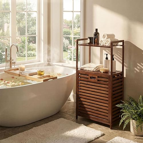 Miniatura 7 de Cesta de lavandería con estantes de 2 niveles y cesta inclinable, cestas organizadoras de ropa sucia, estante de almacenamiento de baño