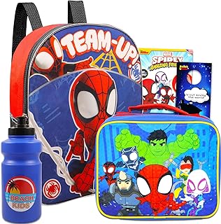 Spidey and His Amazing Friends Backpack and Lunch Bag Set - Bundle with 11" Spidey and Friends Mini Backpack, Spiderman Lunch Box, Water Bottle, Temporary Tattoos, More | Spidey Backpack Toddler