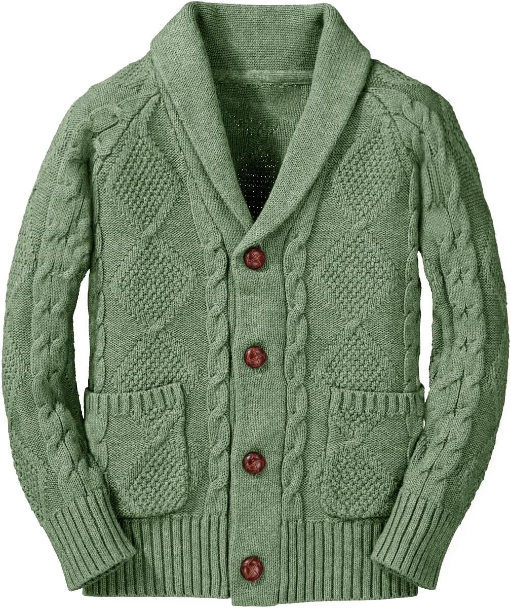 Boy's Sweater Cardigan Button Down Shawl Collar Cable Knitted Outwear Sweater Coats with Pockets