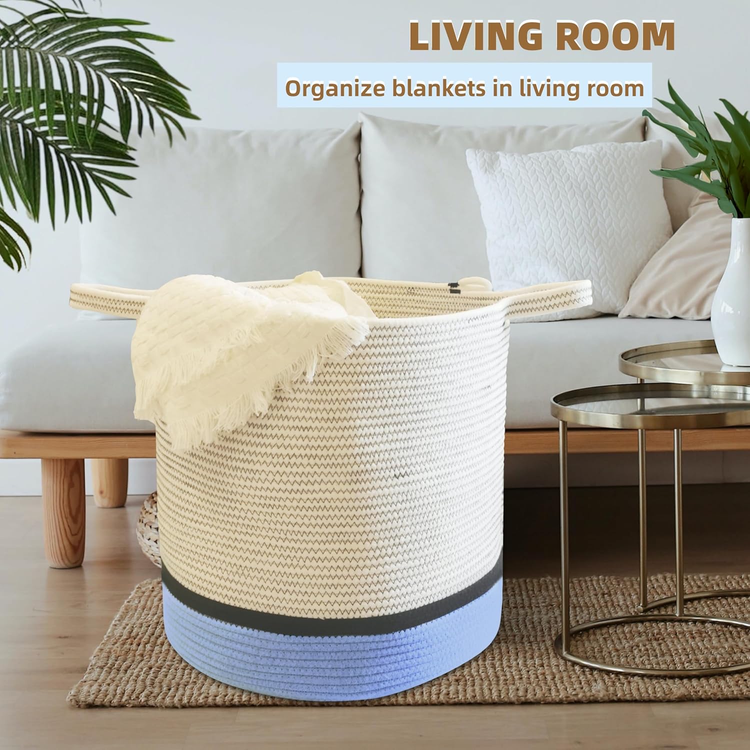 Extra Large Rope Basket - Woven Blanket & Toy Storage, 17.3'x17.3'x16.5' Cotton Rope Basket for Living Room & Nursery