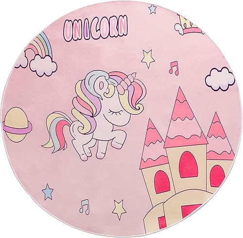 Alfombra de unicornio para sala de juegos, dormitorio, alfombra redonda rosa, alfombra de juego antideslizante multicolor, bonita decoración de