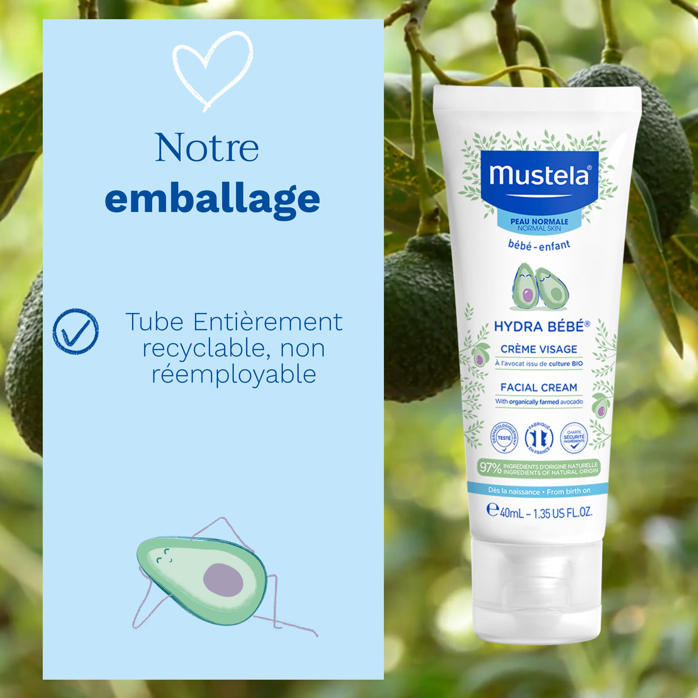 Mustela Crème Visage Hydra Bébé Soin Quotidien Nourrissant 97% d'Ingrédients d'Origine Naturelle