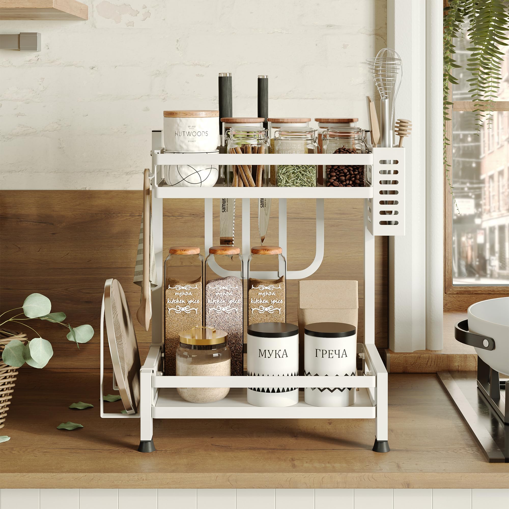 NETEL Supporto Porta Spezie da Appoggio a 2 Livelli, Antiruggine Mensola Portaspezie Ripiani Salvaspazio Organizer per Cucina con Ganci, 32.5 * 20 * 40cm, Bianco