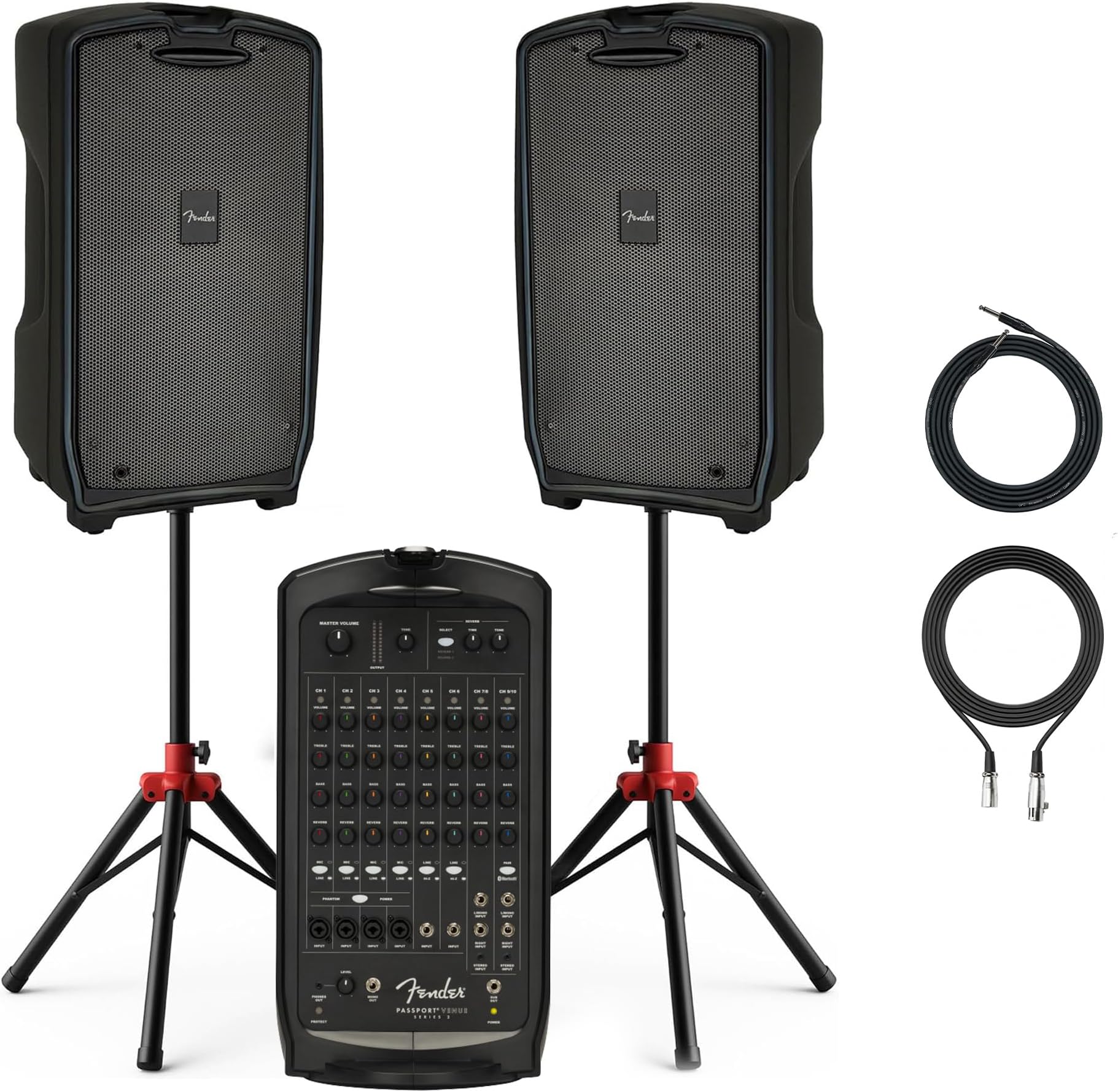 Fender Passport Venue S2 Portable PA System Bundle with Compact Speaker Stands, XLR Cable, and Instrument Cable