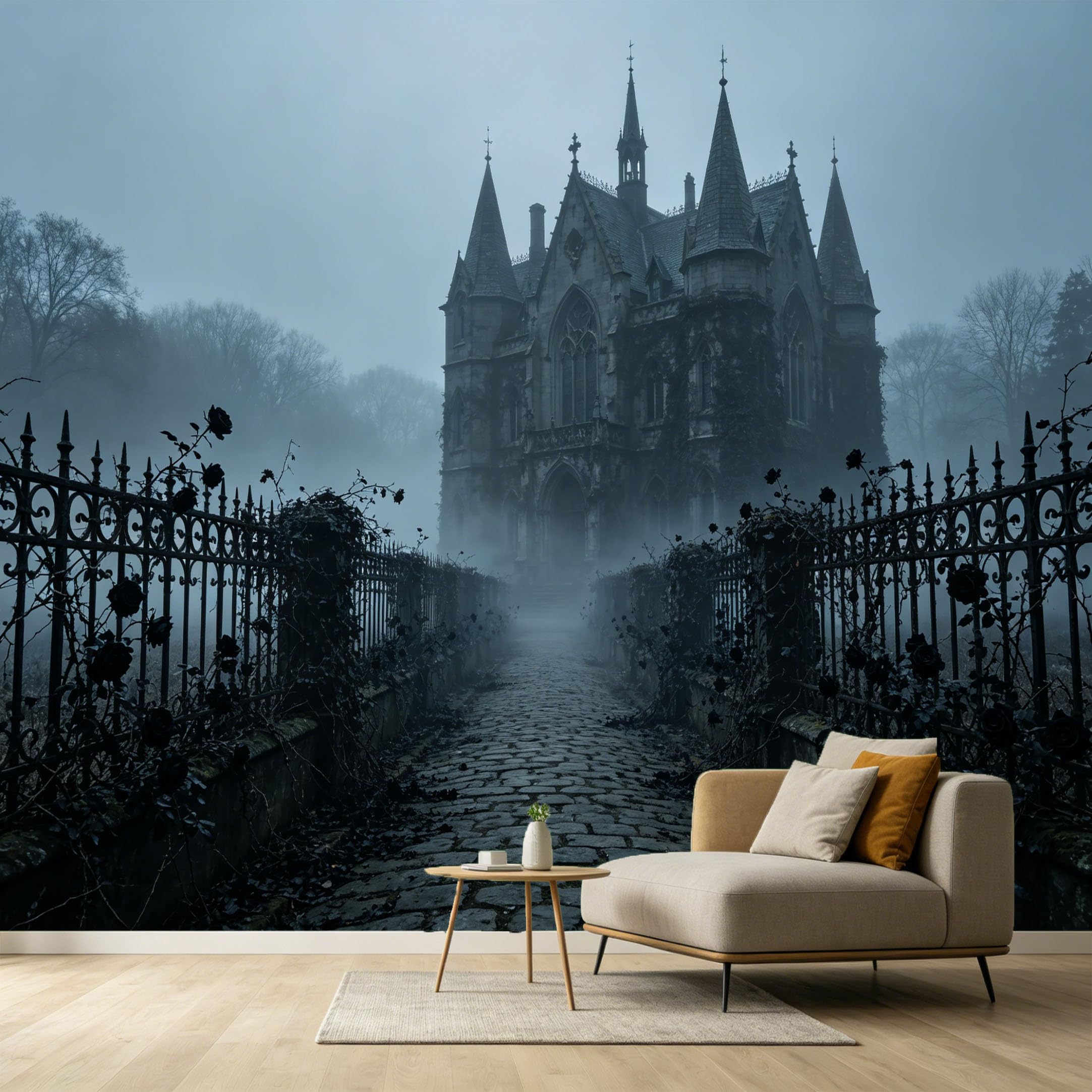 Custom Size Wall Murals Gothic Castle Foggy Path Iron Gate Minimalist Monochrome SelfAdhesive Wall Fabric Removable Large Wallpaper for Photo Living Room