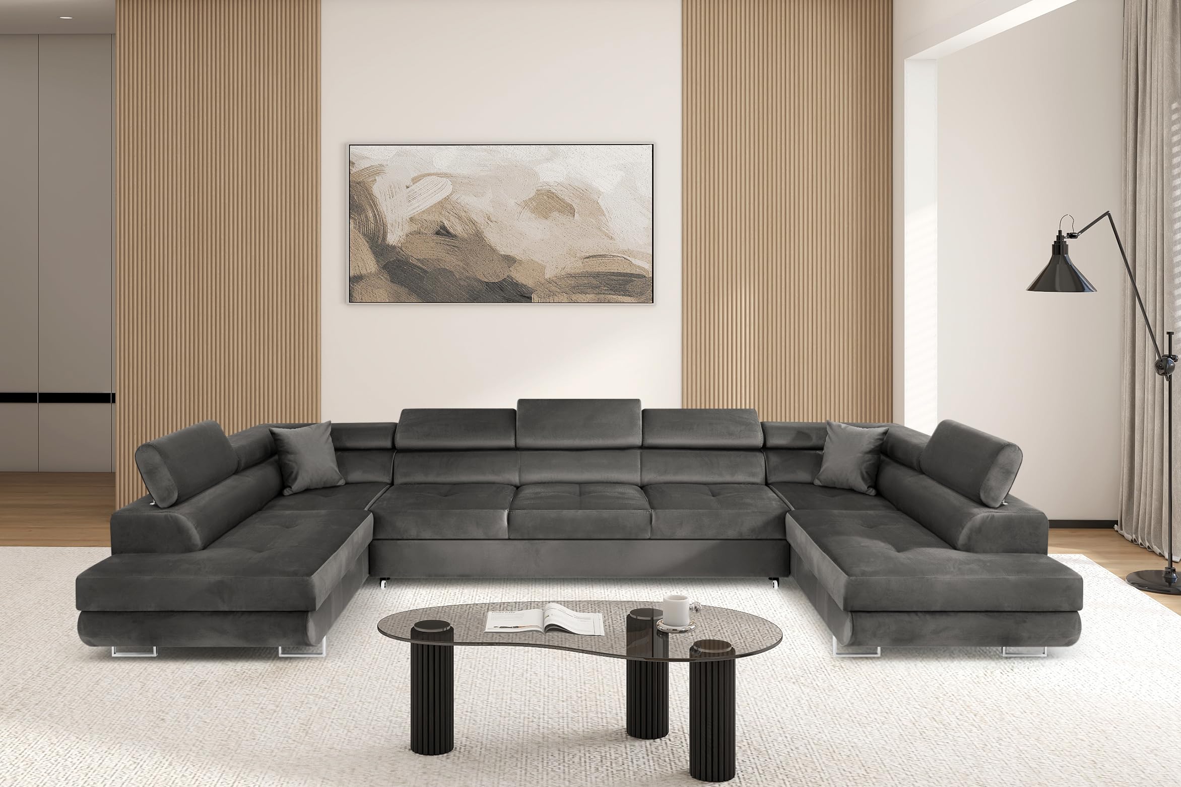 Ecksofa mit Schlaffunktion Big PASTI U-Form, Sofa Couch mit Bettkasten, 3-Sitzer Eckcouch, Schlafsofa für Wohnzimmer, Big Sofa Couch mit Schlaffunktion (Dunkelgrau)