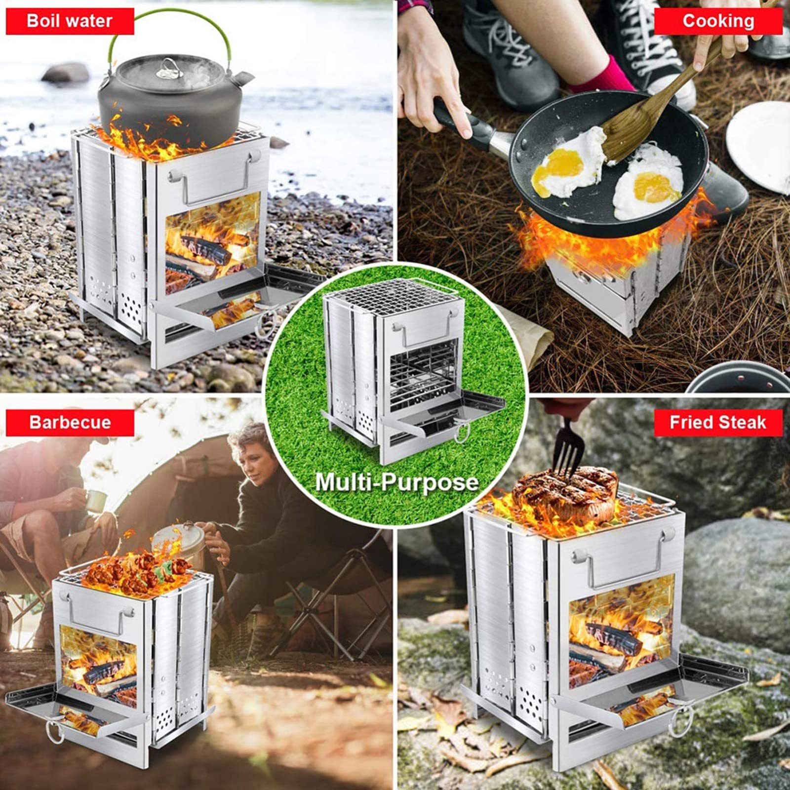 Réchaud de camping/réchaud de randonnée, réchaud de camping, réchaud à fusée, réchauds de camping à bois pliable réchaud de randonnée portable mini réchaud léger en acier inoxydable pour randonnée e