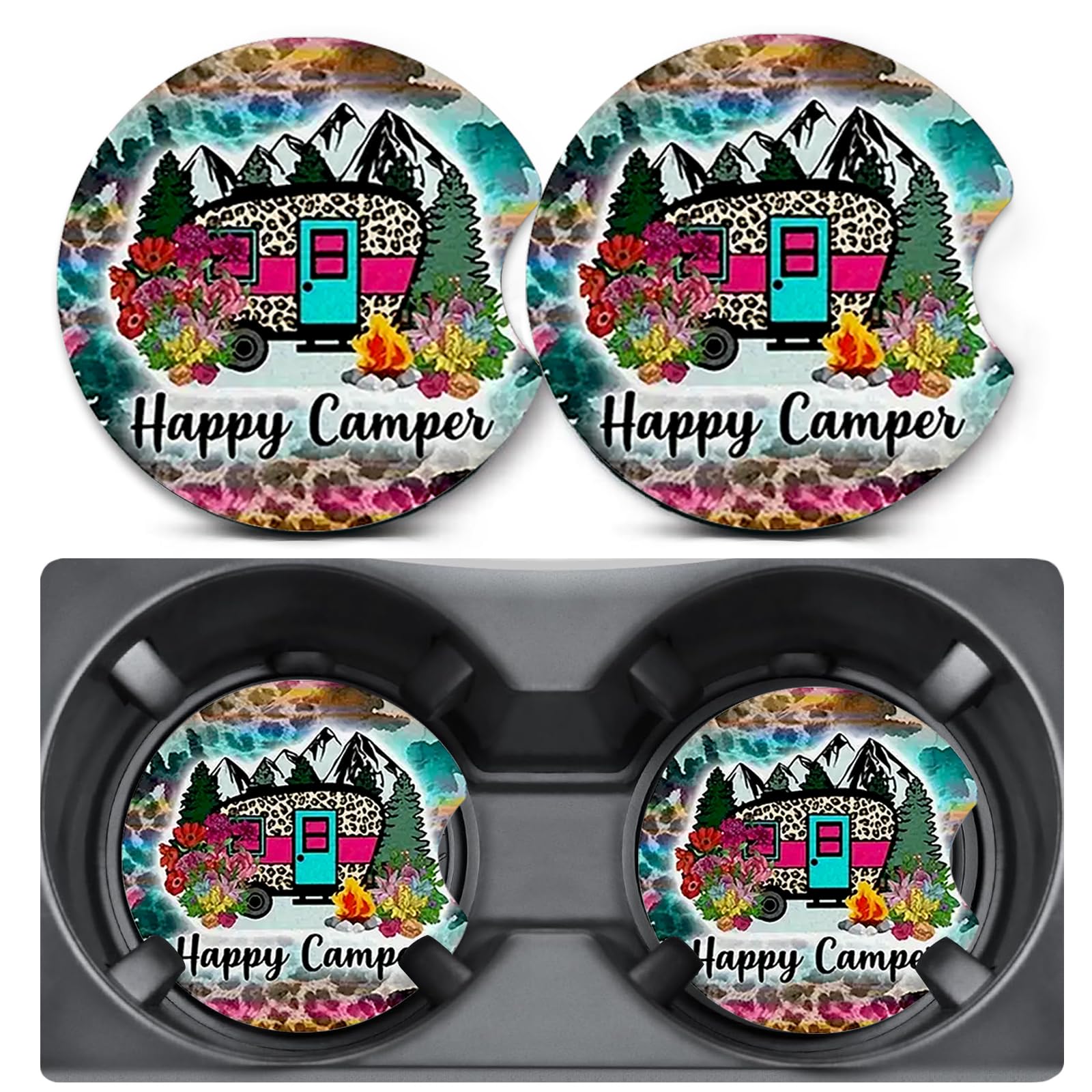 2 Pack Car Coasters for Cup Holders,Happy Camper Holder Coasters,2.75" Universal Size Anti Slip Rubber Mat,Auto Drink Cup Holder Decal Decor Accessories,Cute Car Accessories Interior for Women