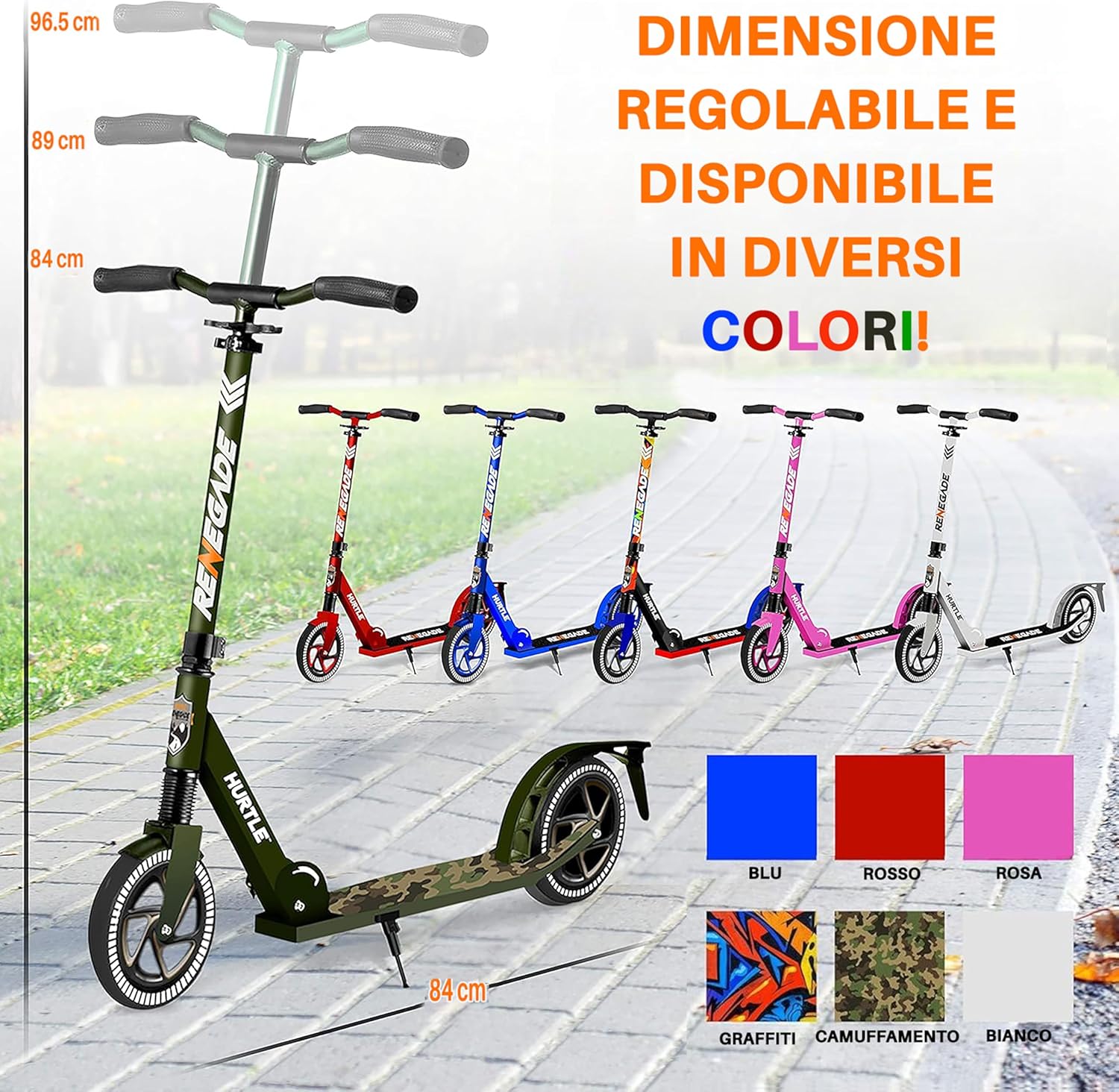 Hurtle Renegade Kick Scooter for Kids, Teenagers & Adults - 2-Wheel Folding Scooter with Adjustable T-Bar Handlebar - Alloy Anti-Slip Deck