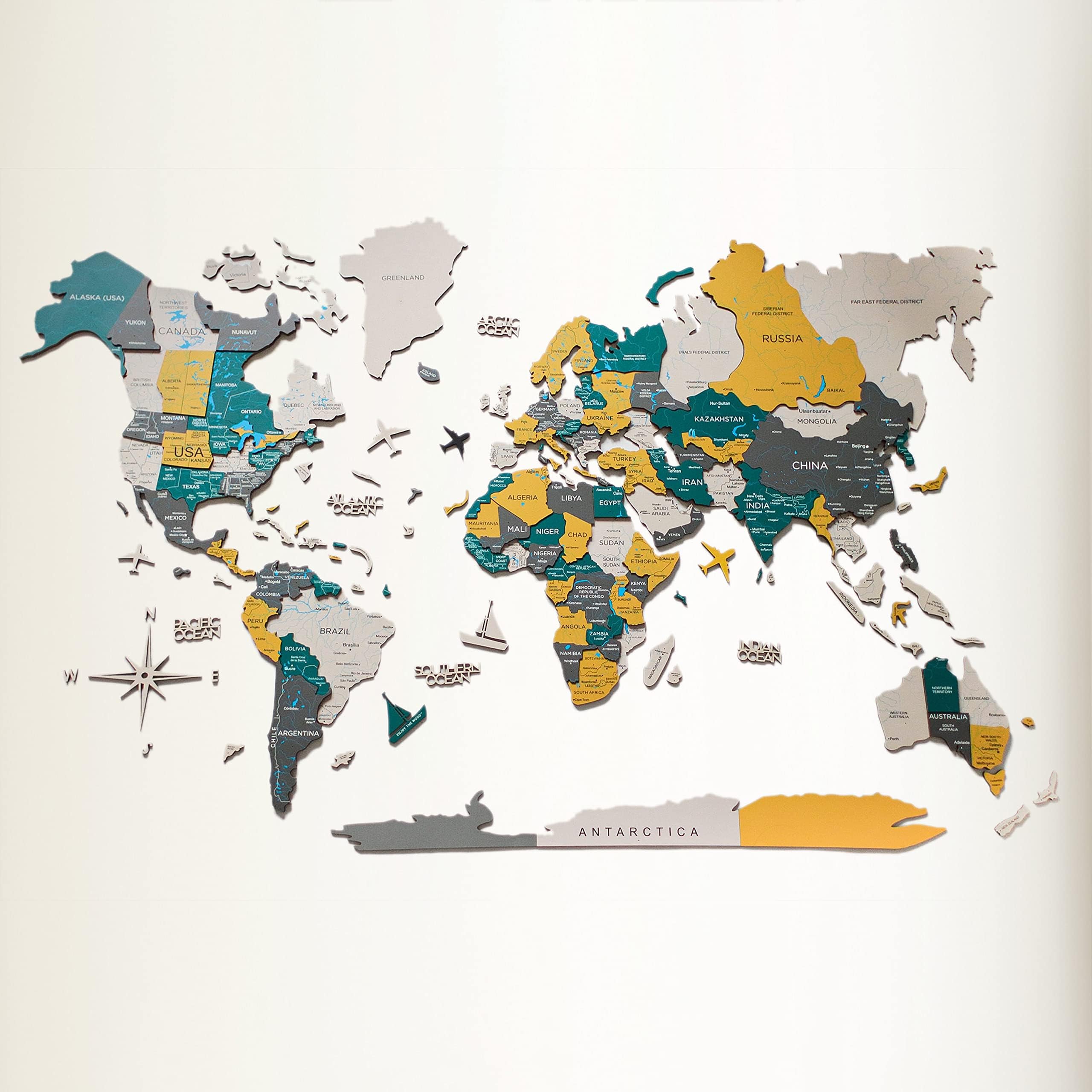 AWESOMETIK 3D Wood World Map – 3D Wall Decor with Wood Map of the World – Easy Installation with Double Sided Tape – Includes Add-Ons – Premium Durable Plywood – Ideal for Home and Office Decor (XL Prime, Country)