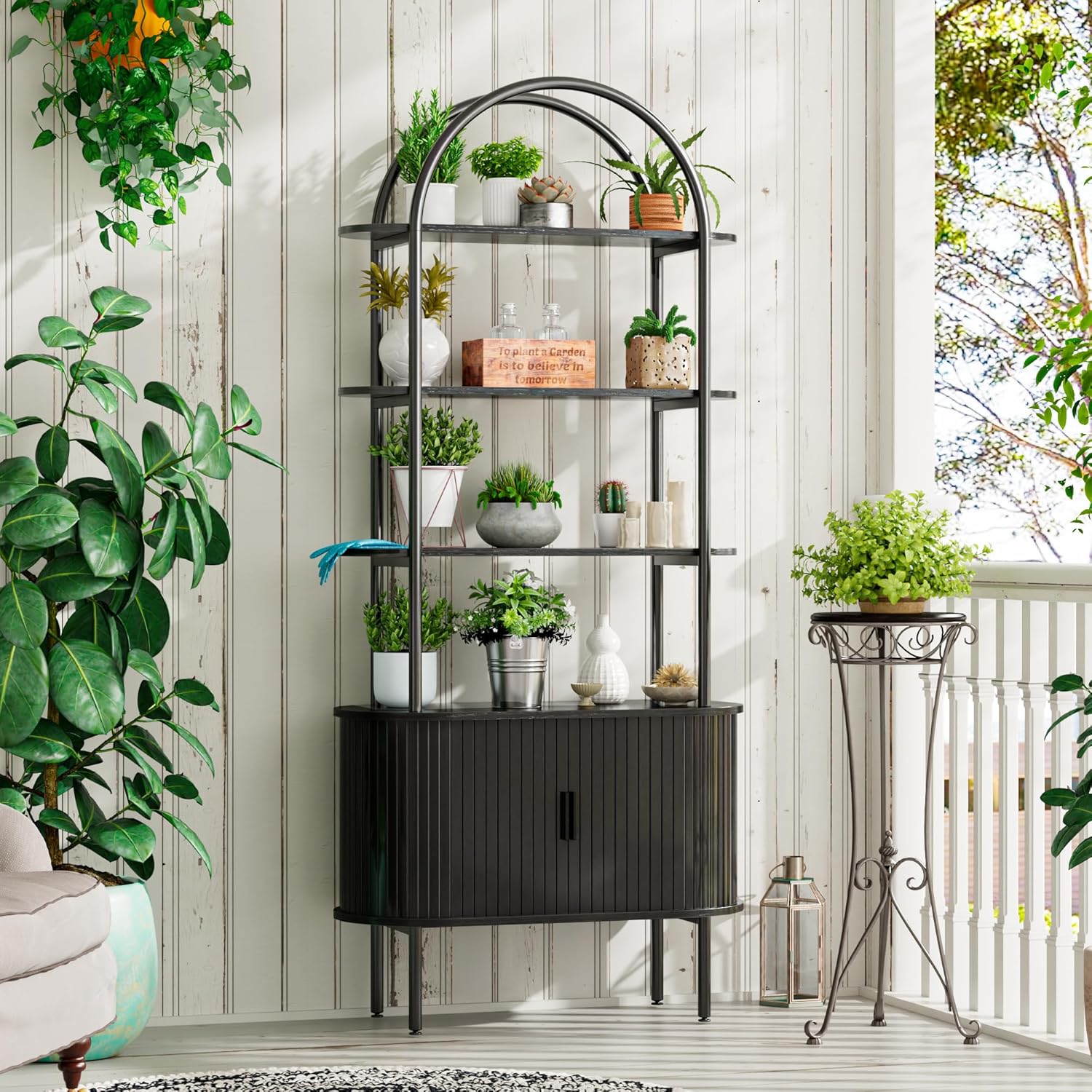 EAG 71" Tall Arched Bookshelf with Sliding Doors, Mid Century Modern Metal Curved Bookcase Cabinet with Storage, 4-Tier Open Display Storage Shelf for Living Room, Home Office, Bedroom, Black