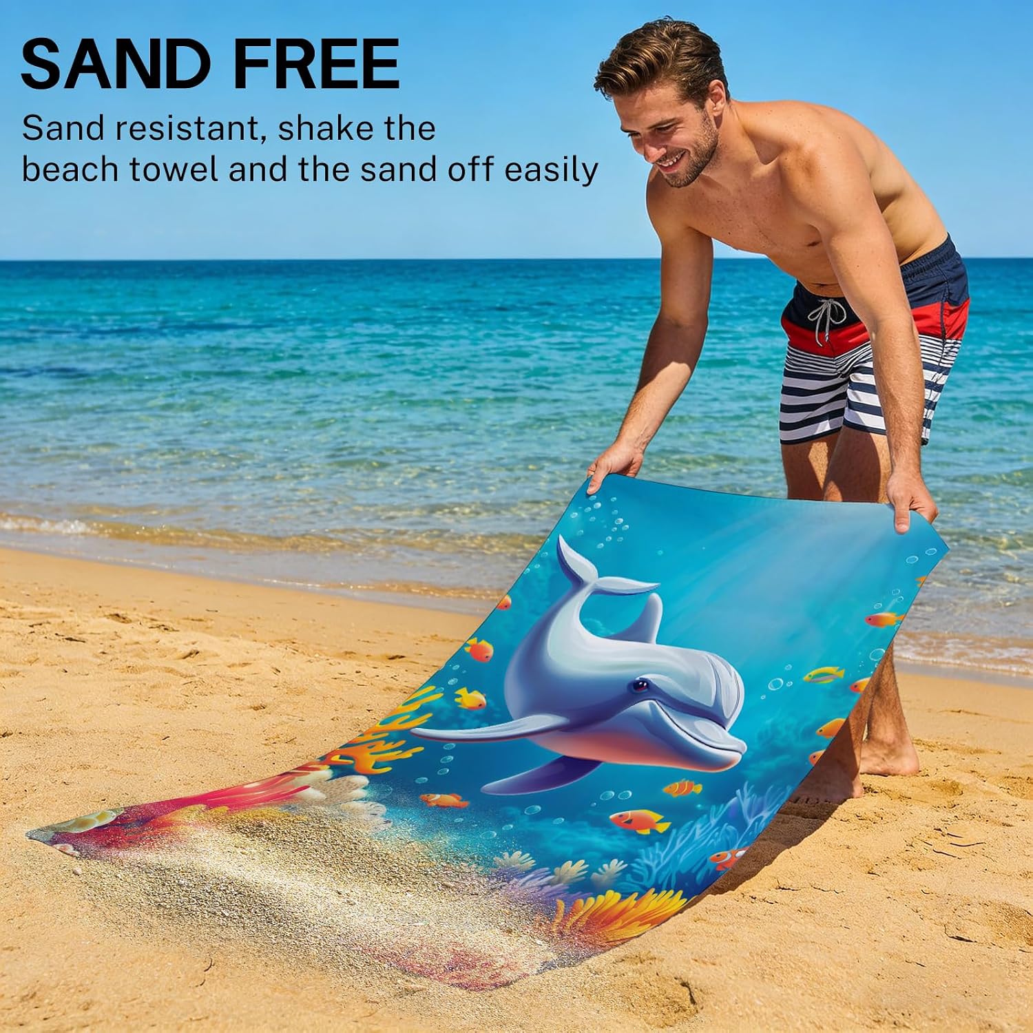 Microfiber Dolphin Beach Towel, Cute Blue Dolphin Fish Coral Bath Towel for Girls Boys Women Men, Sand Proof Quick Dry Colorful Fishing Towels for Bathroom Swimming, Oversized 32x52