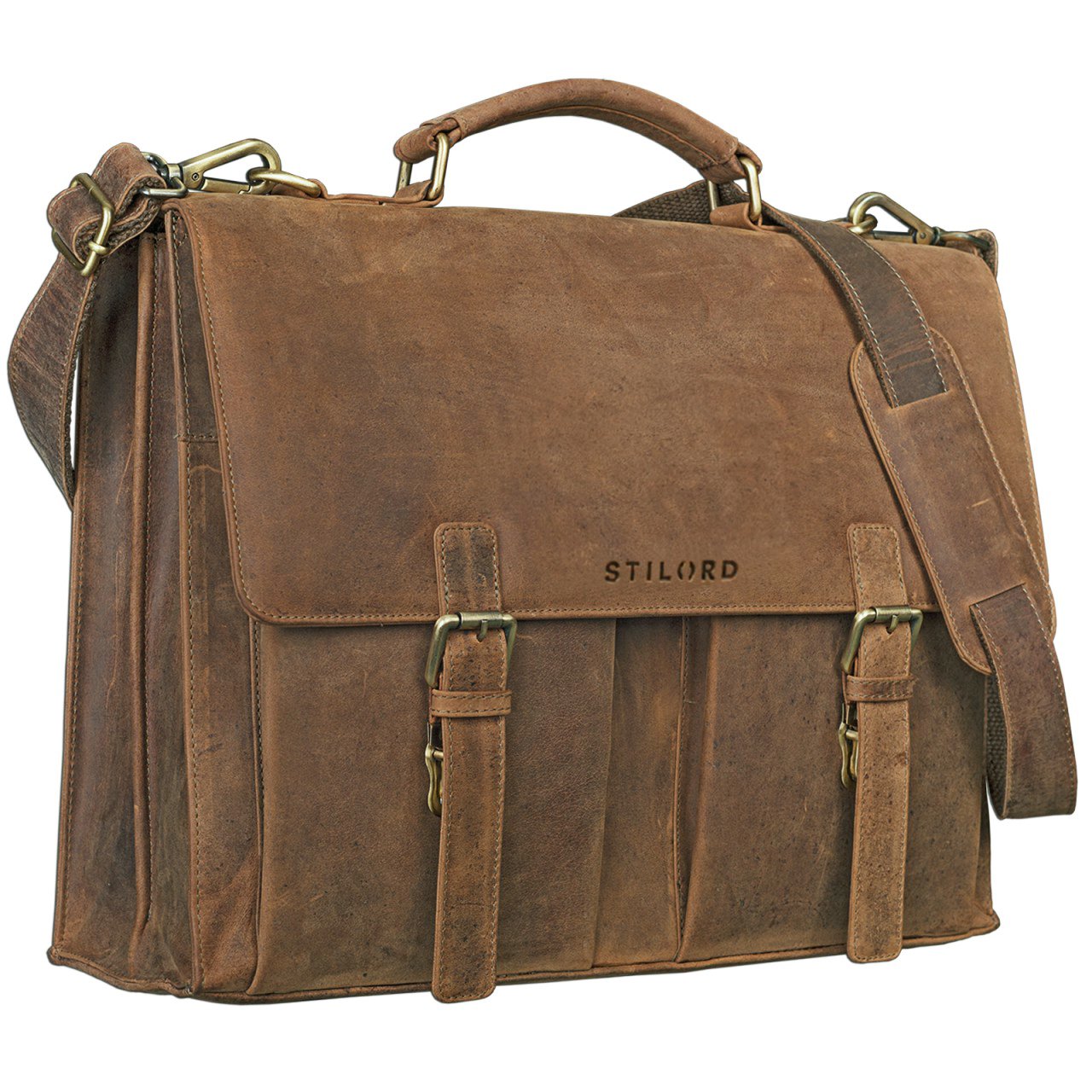 STILORD Constantin Maletín Cuero Hombre Bolso Profesor Bolso Negocios Bolso Trabajo Bolso Mensajero Bandolera para portátil 15.6" auténtica Piel Color:marrón - Medio