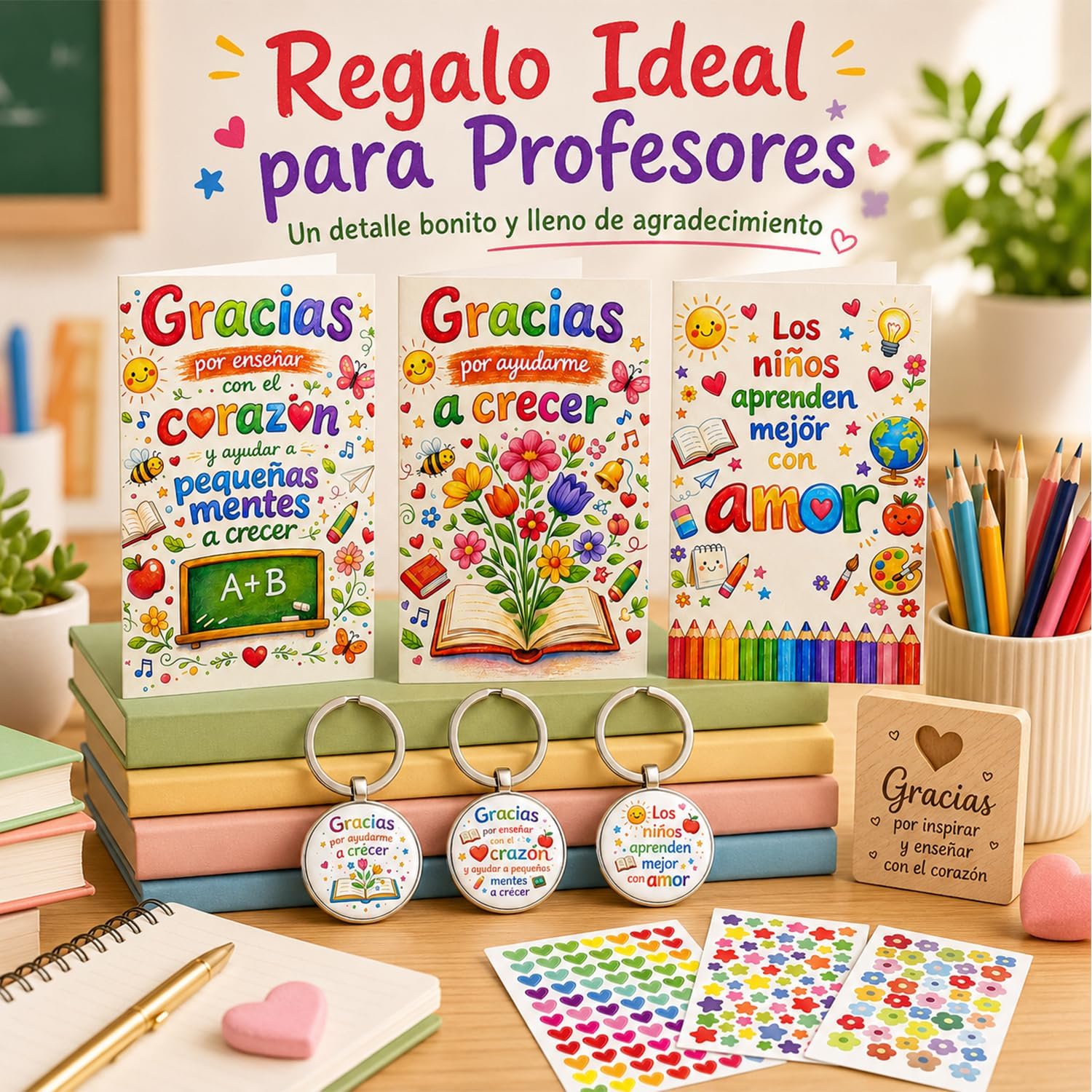 Set de 3 Llaveros con Tarjetas de Agradecimiento para Profesores, Regalo Original Fin de Curso