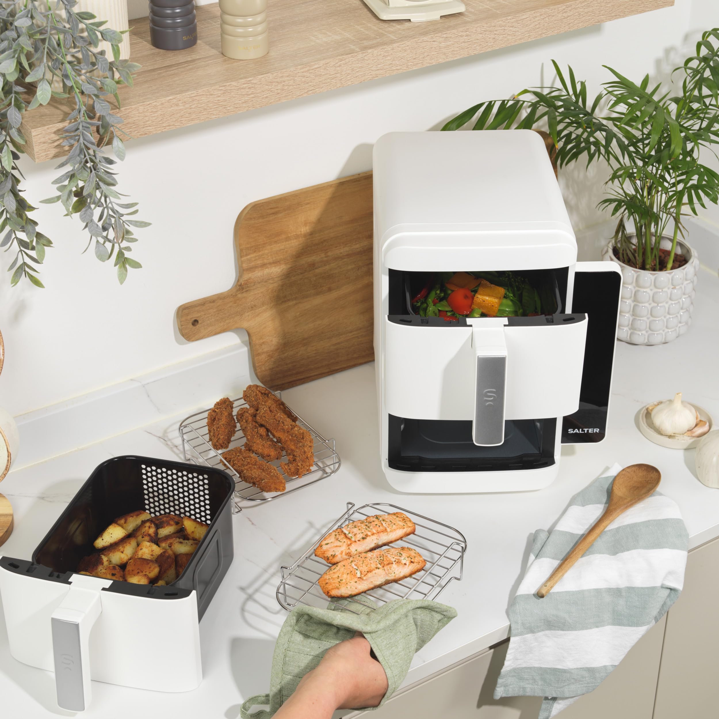 Salter VertiCook Ultra Stackable Air Fryer - Cocina vertical, 9L, 2 x 4.5L cestas y rejillas, 9 funciones, Sincronizar y combinar, Bandeja de parrilla libre de PFAS, Ahorro de espacio, 60-230°C, 2400W