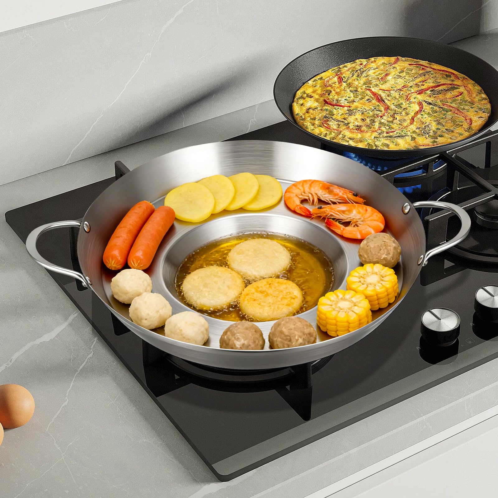 Artibetter Poêle en Acier Inoxydable Argentée Épaisse, Adaptée la Cuisson Barbecue en Extérieur, Ustensile Cuisine Inox Professionnel Polyvalent