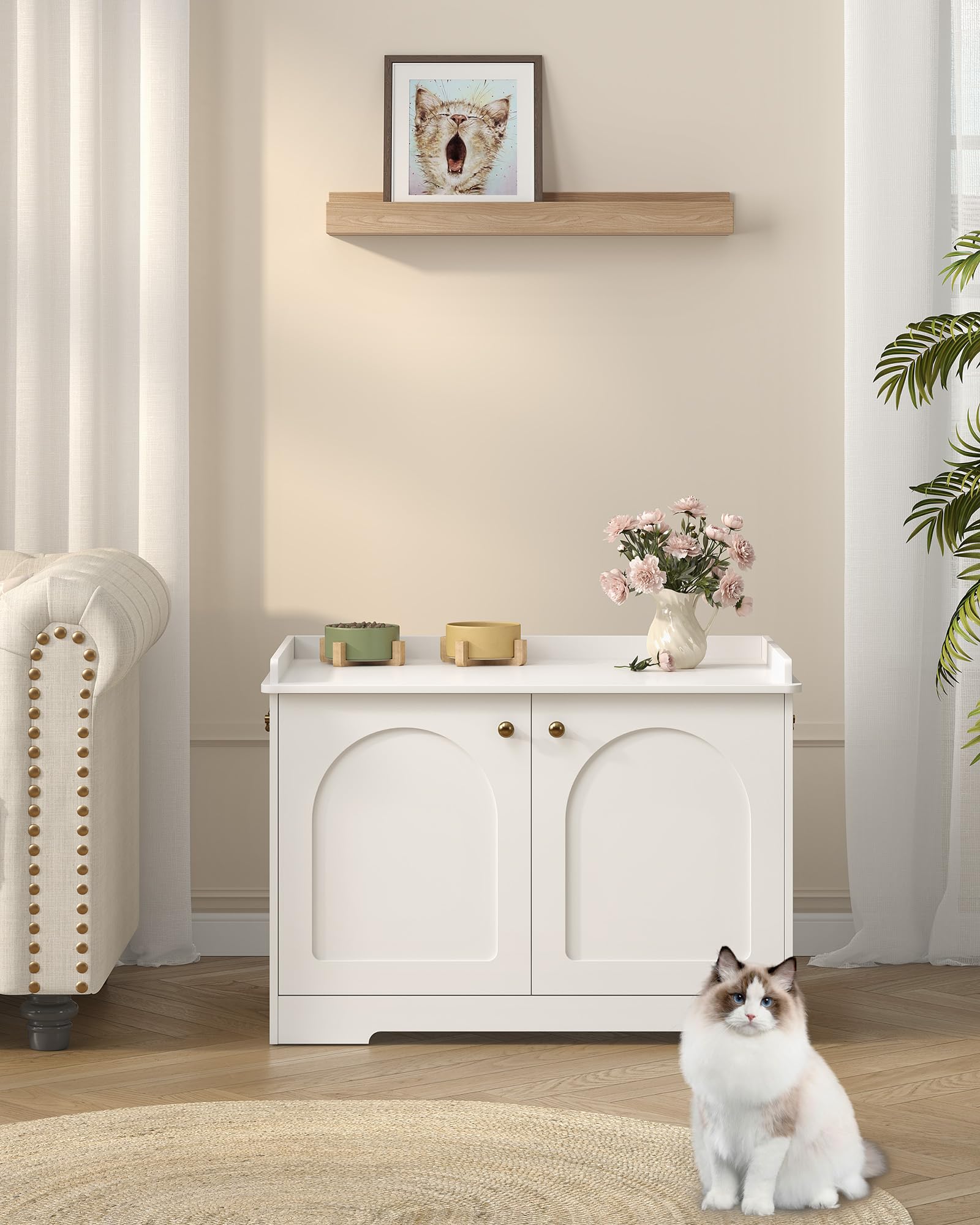 Hzuaneri Armario para Gatos con Asas, Armario para Bandeja Sanitaria, Caseta para Gatos con Puerta, Mesa Auxiliar de Madera para la Caseta de Mascotas, 50 x 80 x 57cm, Robusto, Blanco CB05703X