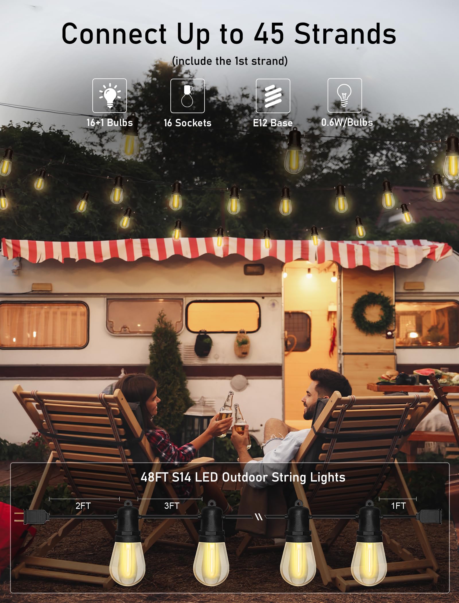48FT Outdoor String Lights Waterproof Commercial Grade Patio Lights with 16 LED Warm White Bulbs, Dimmable Shatterproof Hanging Outdoor Light for Outside Backyard Wedding Garden Cafe Party Decorations