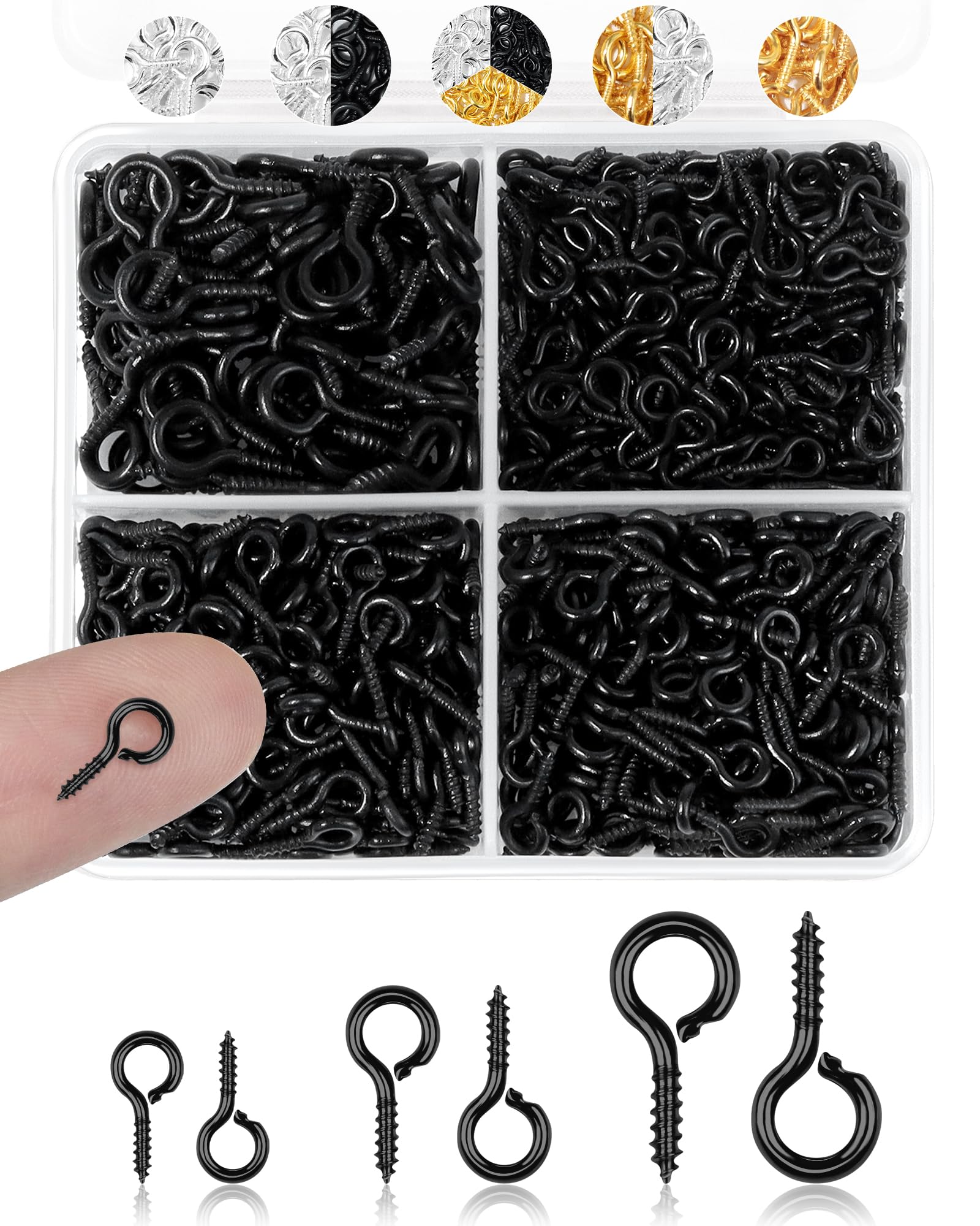 FIVEIZERO 600pcs Small Screw Eye Pins for Jewelry Making, Black Mini Eye Hooks for Crafts &amp; Bead Charms, Tiny Eyelet Screws for Art Projects, DIY Pendant Findings (Black, 3 Sizes)