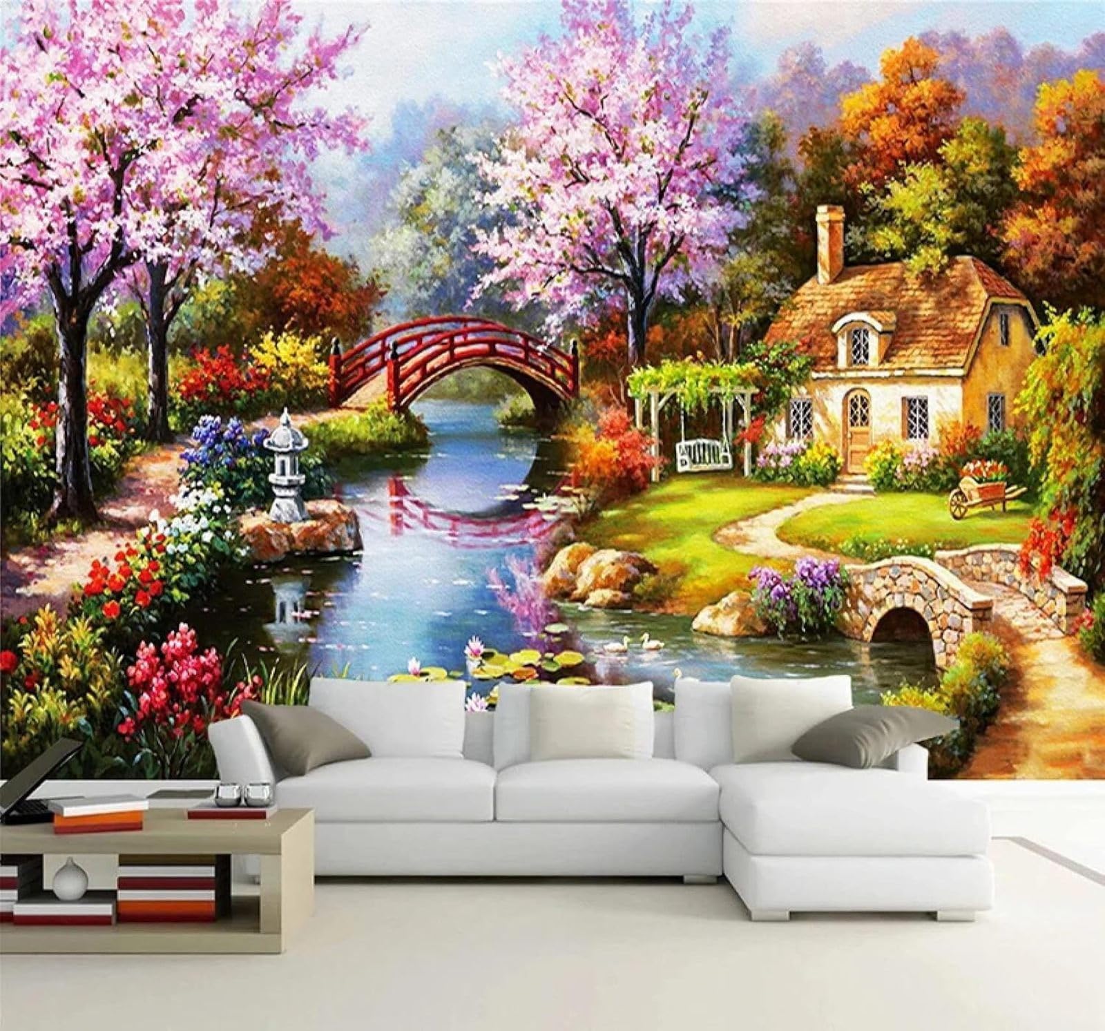 Tzxztt Beautiful Watercolour Trees Small Bridge River Modern 3D Wallpaper Premium Textured Silk Neutral Tones Material Ideal for Living Room Bedroom-350cm×256cm