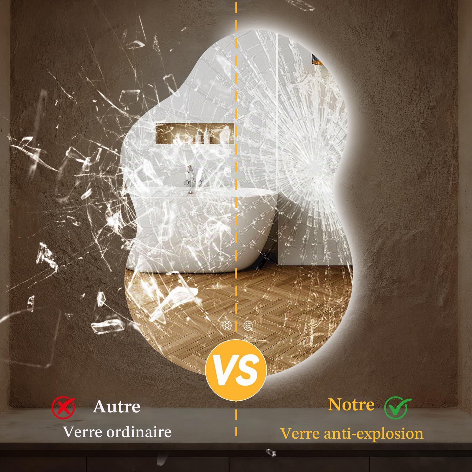 Clevich Miroir de Salle de Bain avec éclairage asymétrique 90 x 60 cm, Miroir LED avec 3 Couleurs de lumière à intensité Variable, Verre trempé, Interrupteur Tactile, Fonction mémoire, Anti-buée