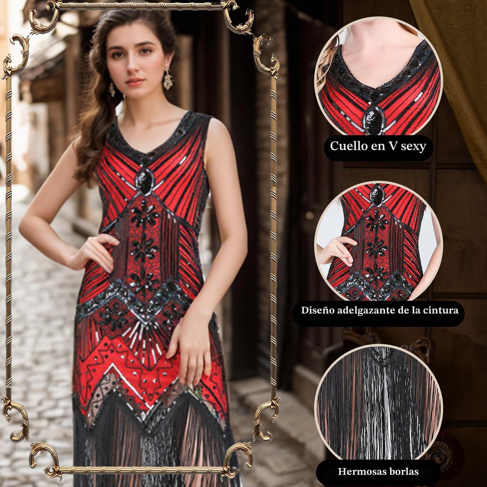 FEPITO Vestidos flapper de los años 20 para mujer, vestido de lentejuelas con flecos para mujer, con accesorios de los años 20, disfraces de los años 20