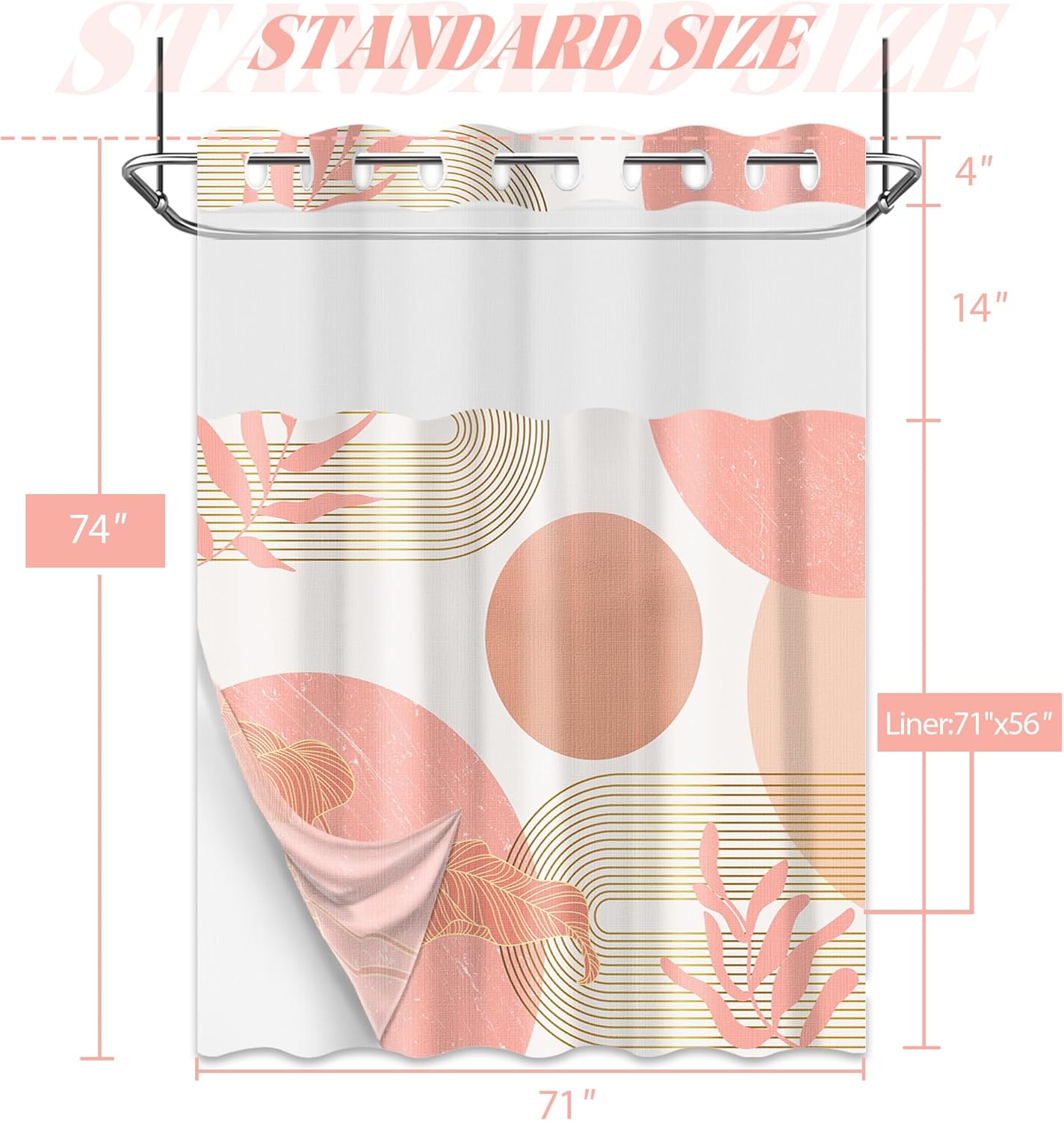 Coral Hookless Shower Curtain with Snap in Liner, White and Pink Peach Abstract MCM Girls No Hook Double Layer Shower Curtain and Liner Set, Waterproof Cloth Fabric, 71" W x 74" L (Pack of 1)