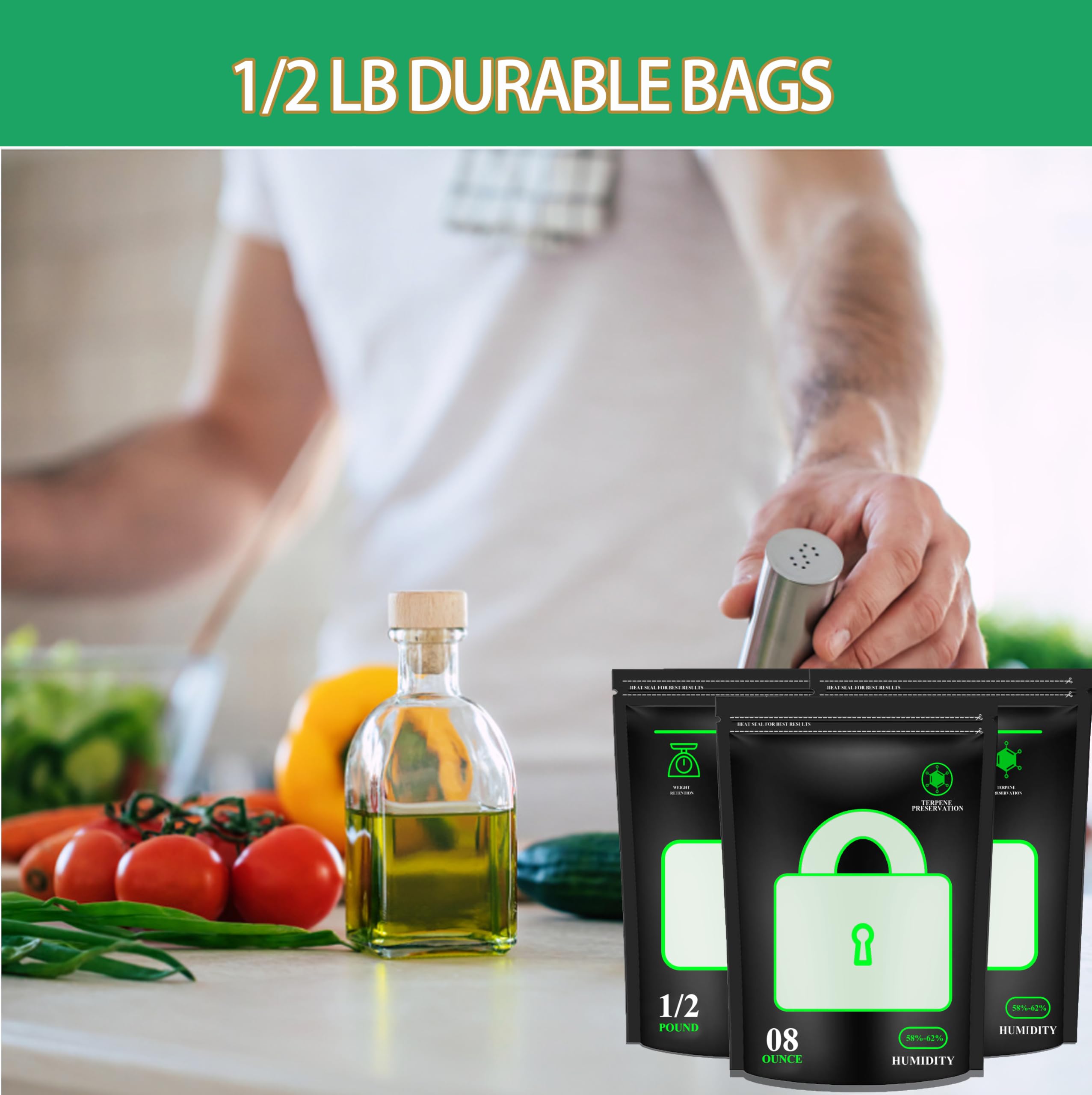 Bolsas Terp de almacenamiento de 1/2 libras 58%-62% RH, bolsas de control de humedad de 2 vías, bolsas reutilizables sellables con calor para curado y almacenamiento de alimentos, bolsas de humedad de