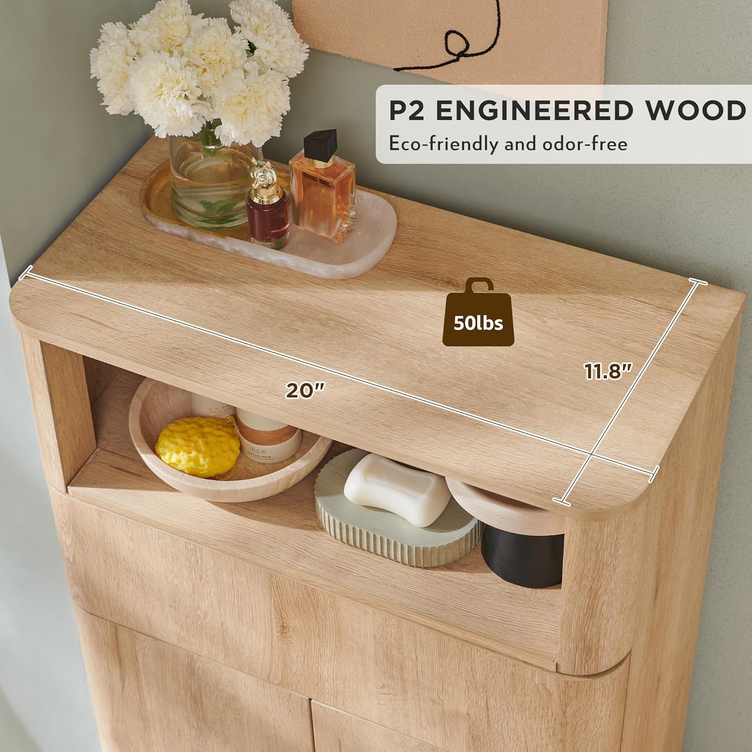 ACCOHOHO Modern Minimalist Bathroom Cabinet with Adjustable Shelf, Sliding Drawer and Magnetic Push Latch, Wooden Storage Cabinet for Bathroom, Living Room and Kitchen, Natural Oak