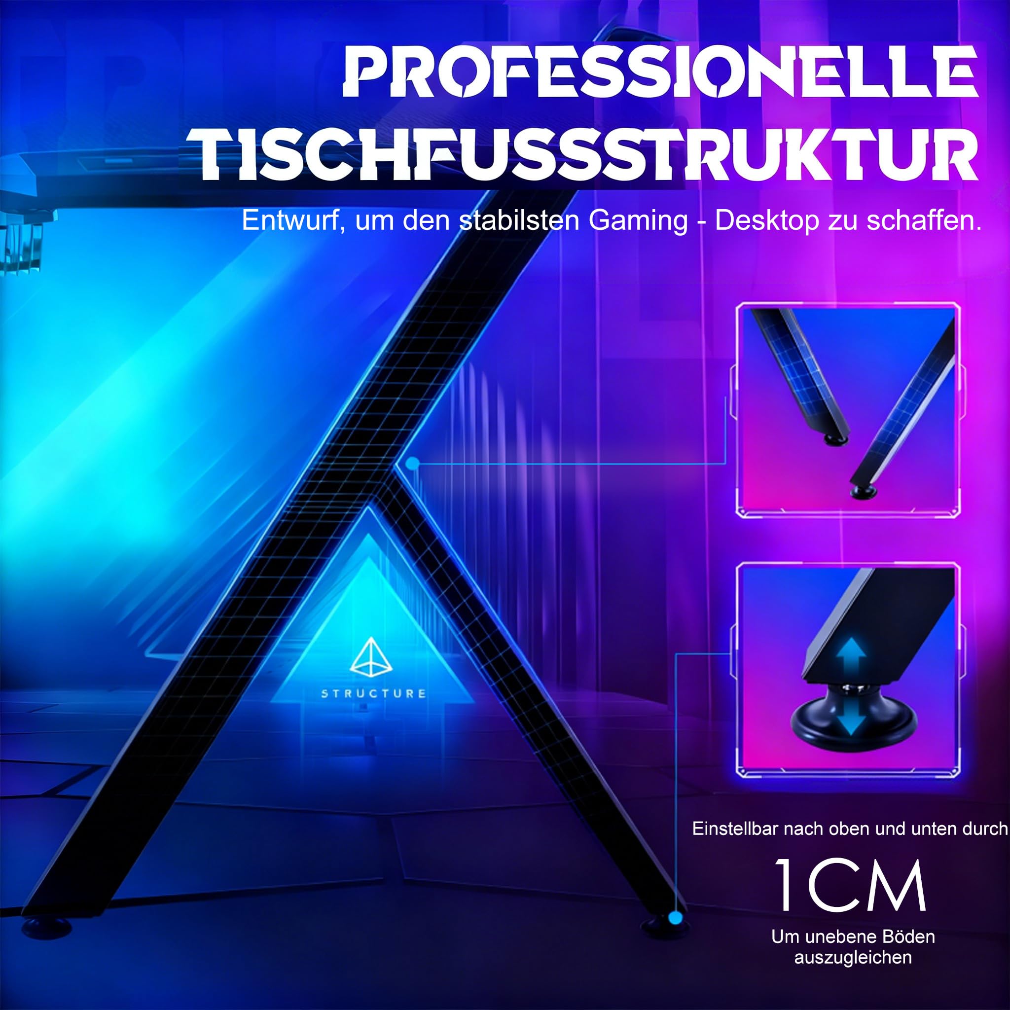 YUENFONG Gaming Tisch mit LED, 160x60cm Schreibtisch Y-Frame Computertisch mit Kohlefaser-Oberfläche, Ergonomischer PC Tisch inkl. Fernbedienung Tassenhalter & Kopfhörerhaken, Schwarz