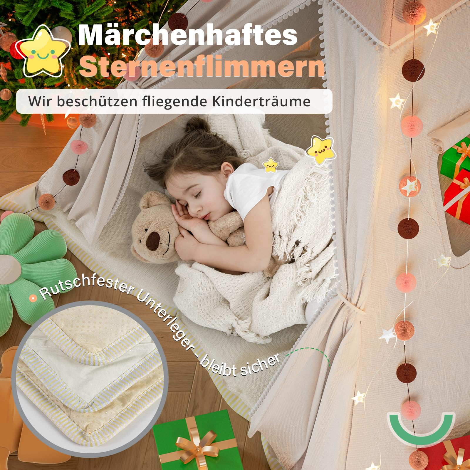 Tipi tenda per bambini, tenda da gioco con coperta imbottita, catena luminosa, borsa per il trasporto, stile Montessori, per bambini, colore: verde chiaro
