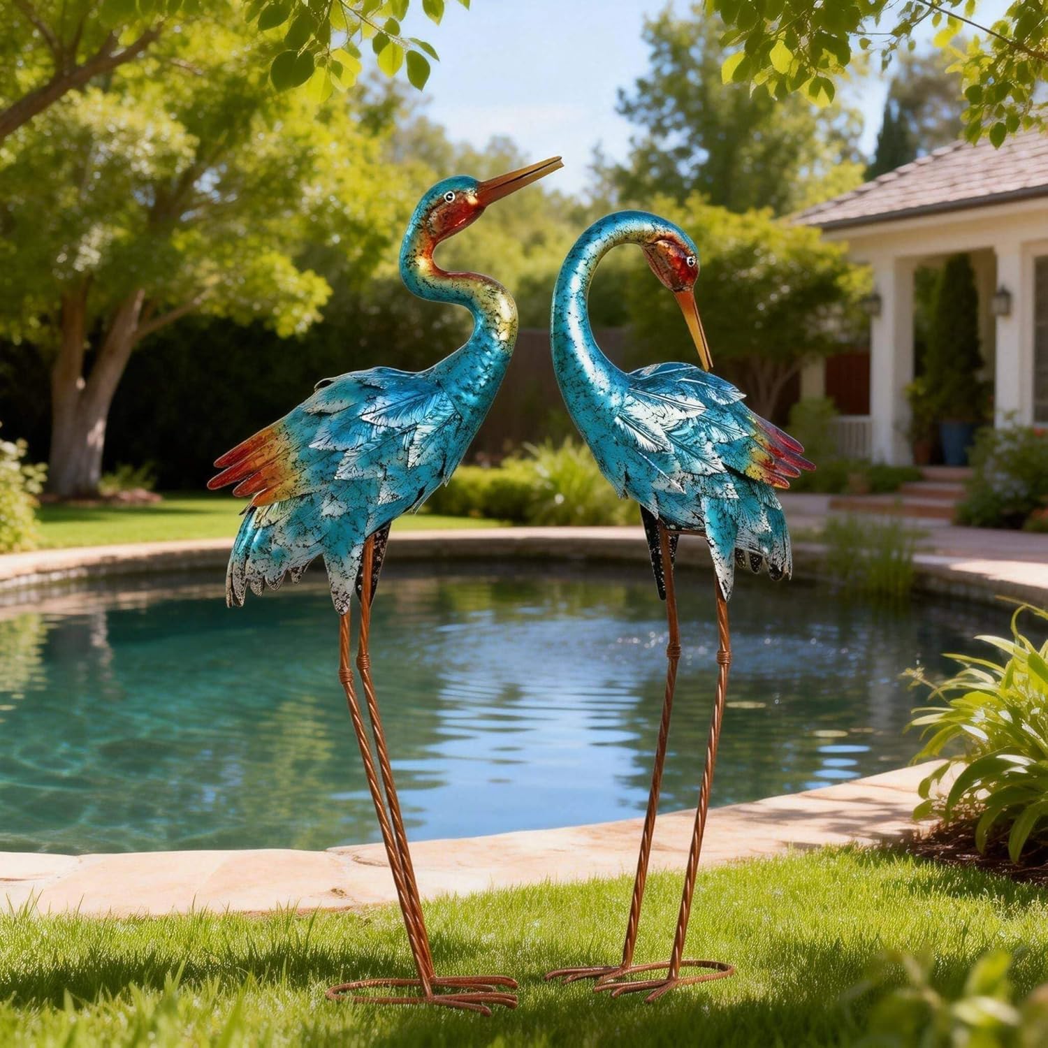 Natelf Crane Statues for Garden Decor, Blue Heron Sculptures, Metal Large Birds Lawn Sculptures & Statue for Patio Pond, Yard Decorations, Set of 2