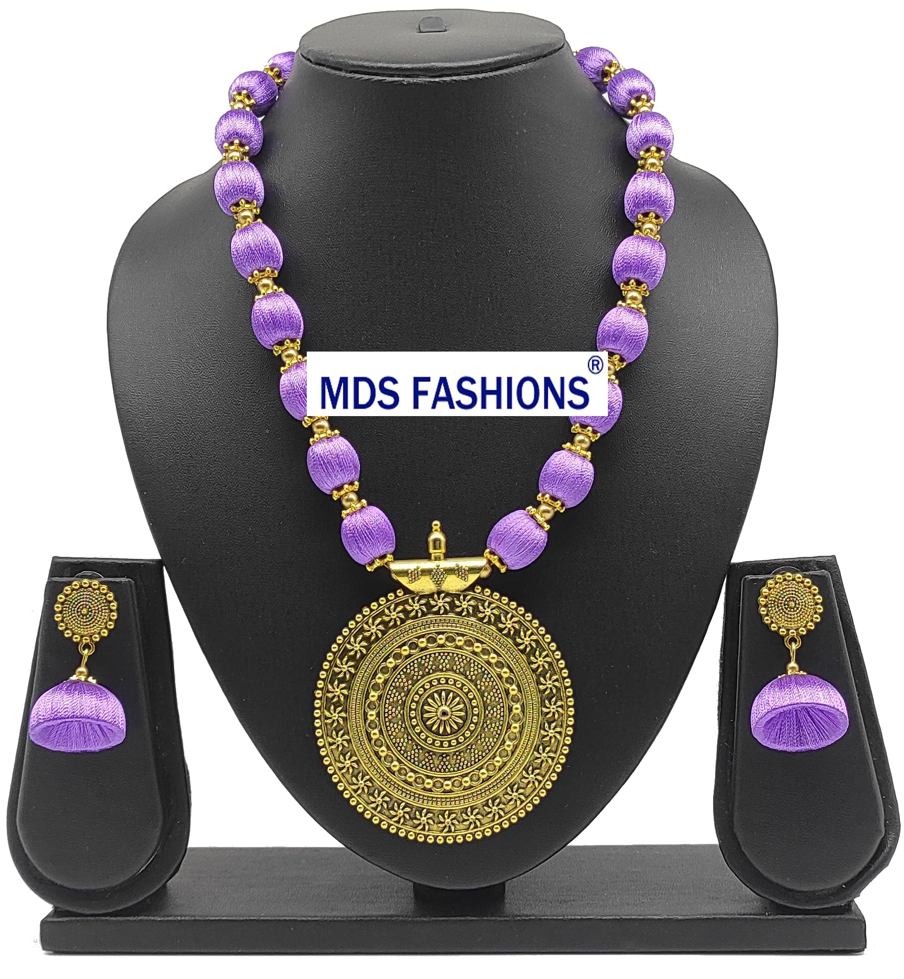 MDS FASHIONS Silk Thread Beads with Antique Chakra Necklace and Earrings set for Beautiful Women (MDS-1046) (Lavender) 2