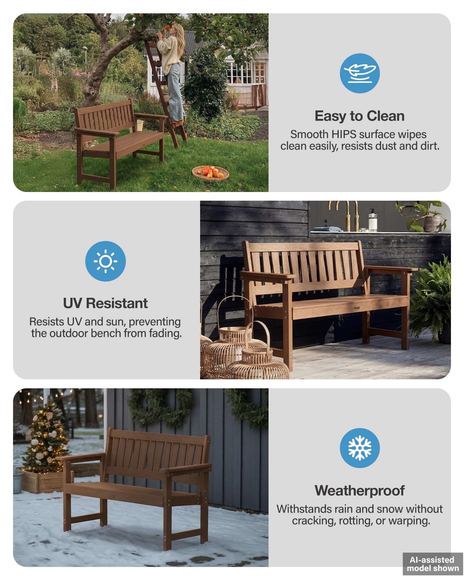 MXIMU Gartenbank für 2-Sitzer Gartenbank wetterfest: Sitzbank Outdoor | Gartenbank wetterfest HIPS-Kunststoff für Terrasse, langlebige Bank komfortable Parkbank, für draußen/Garten/Park, teakholz