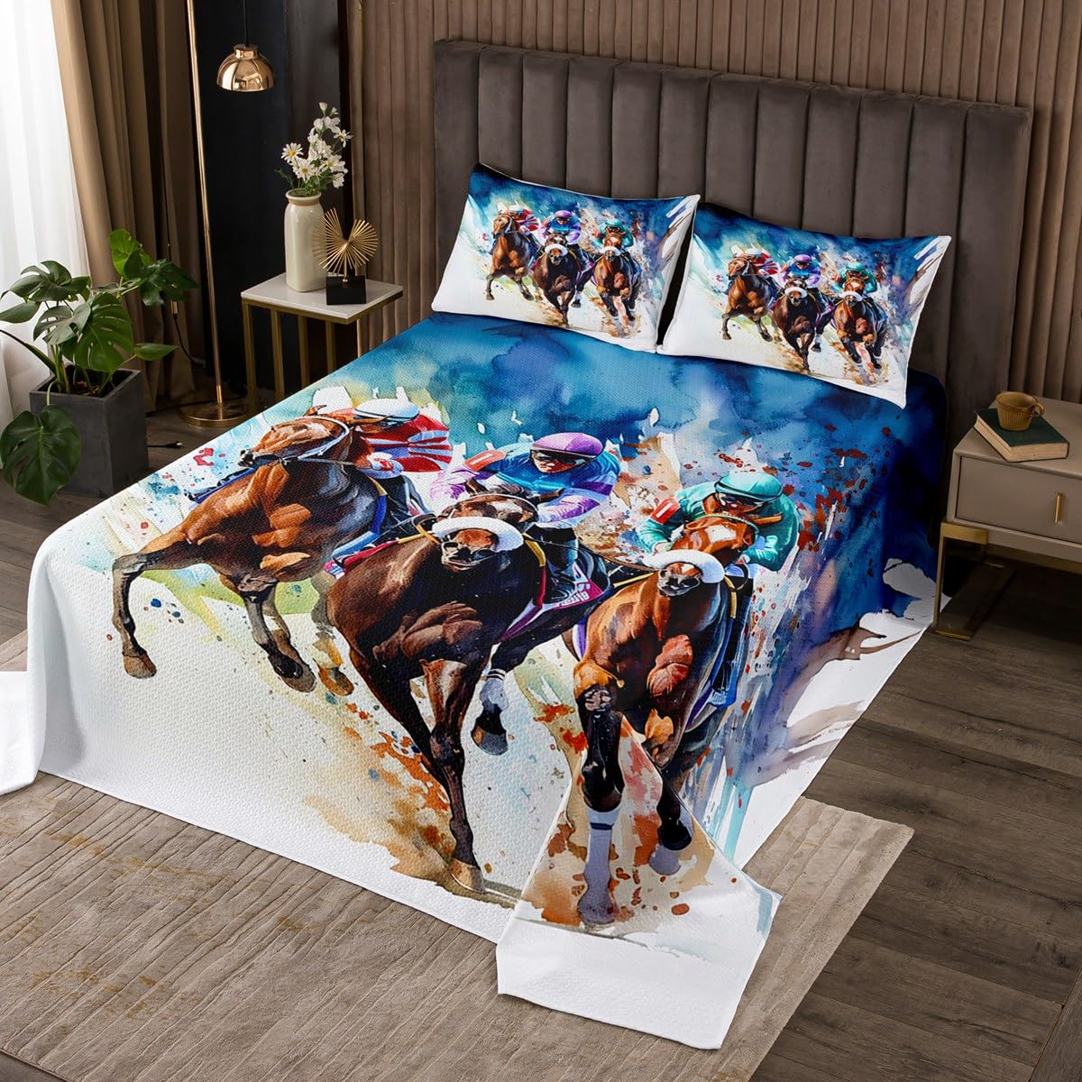 jejeloiu Galloping Horse Bedspread King Size Kids Racing Horse Coverlet Set for Boys Girls Polo Sport Players Quilted Coverlet Breathable Soft Lightweight Microfiber