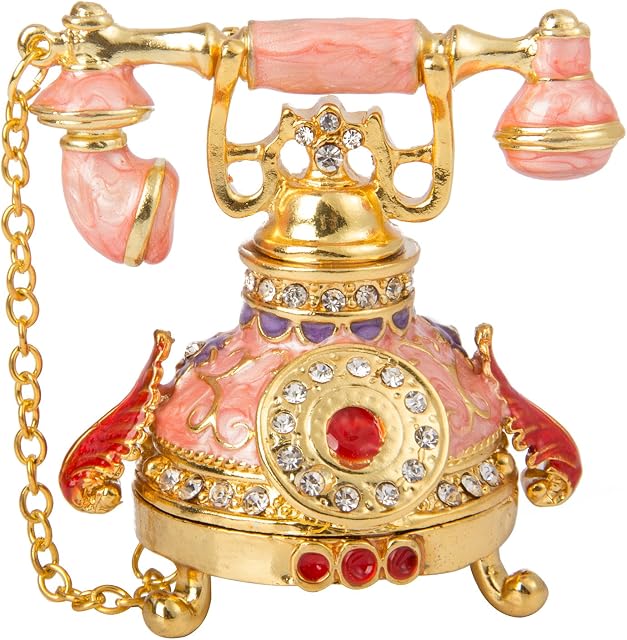 QIFU Hand Painted Pink Telephone Hinged Jewelry Trinket Box Unique Gift for Home Decor