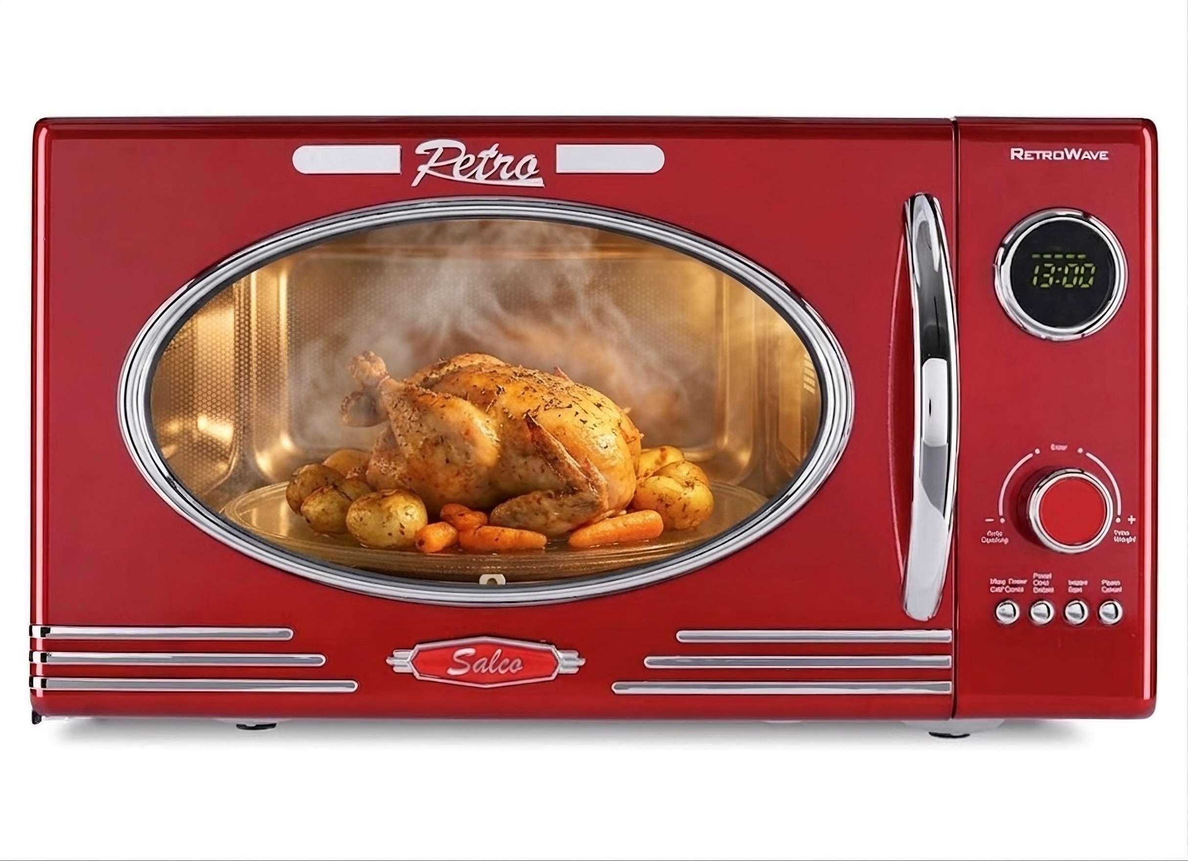 Salco Mikrowelle 2 in 1 – Retro-Style mit Grillfunktion - 23 l Garraum, metallic-rot, 900 W - 12 Funktionen inkl. Auftauen, Grillen & Wärmen, Express-Funktion - inkl. Drehteller & Grillaufsatz
