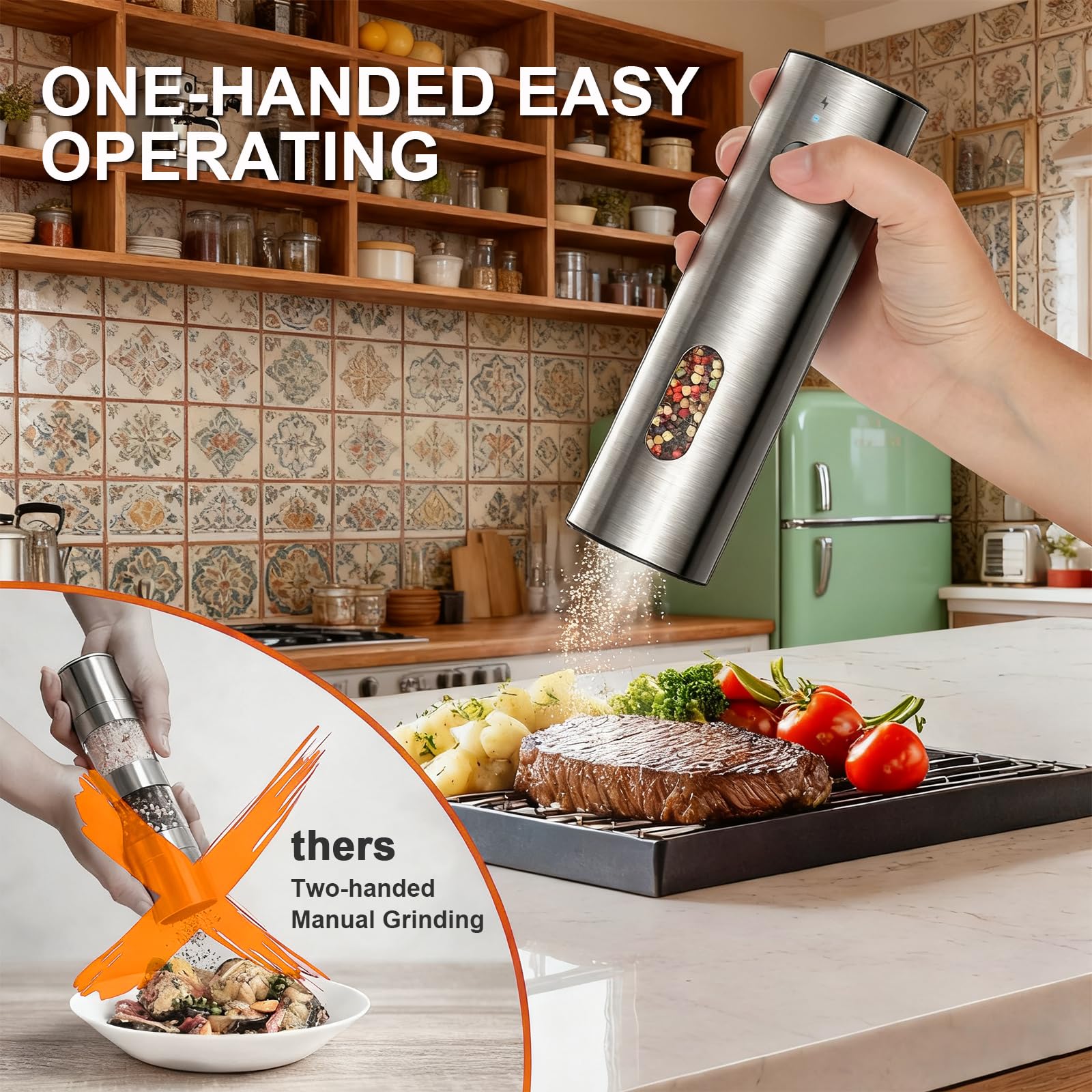 Moulin à Sel et Poivre Electrique, SINZONeu® Set en Acier Inoxydable avec Base de Charge USB-C, 5 Niveaux de Broyage, Capacité XL 110ml, Lumière LED pour Cuisine