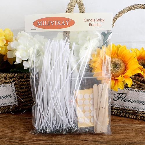 Miniatura 9 de MILIVIXAY 100 mechas de vela de 8 pulgadas con 100 pestañas de metal, 100 calcomanías de mecha de vela y 6 soportes de mecha de vela de madera,