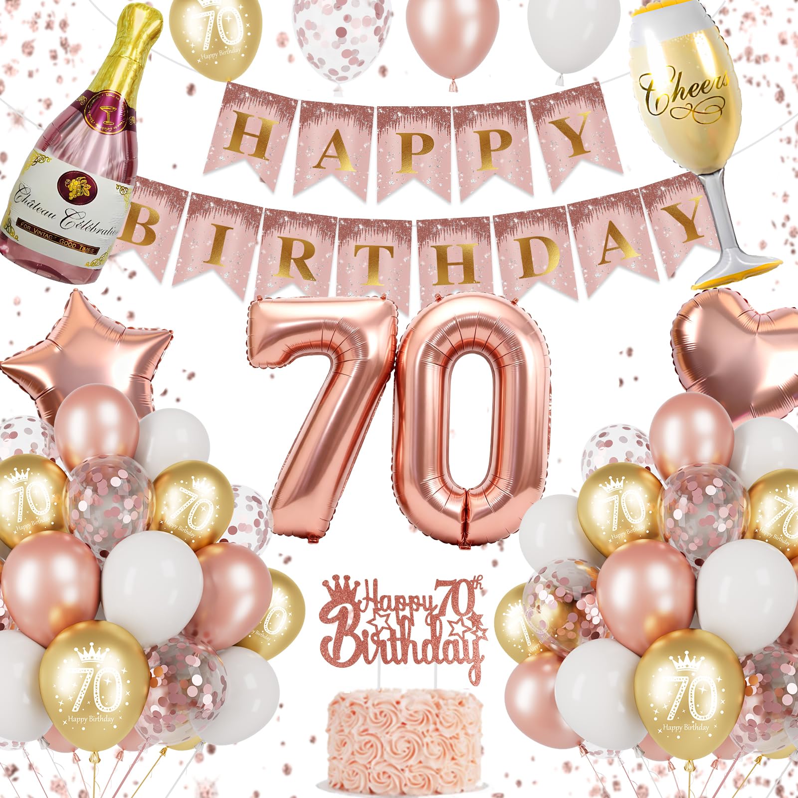 70th Birthday Decorations, Rose Gold 70th Birthday Decorations for Women, 70th Birthday Balloons, Birthday Banner, 70 Balloon, Champagne & Wine Glass Foil Balloons, Cake Topper, 70th Party Supplies — image 1