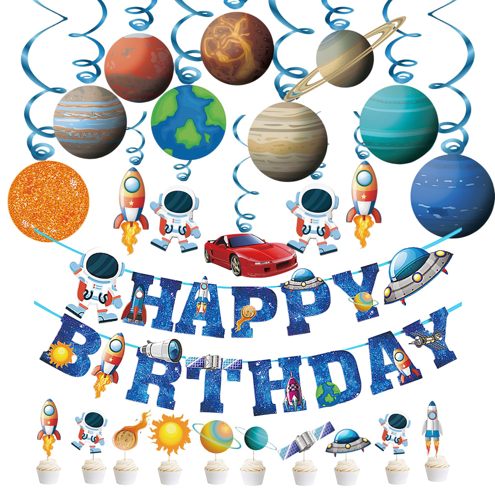 Set di decorazioni per pianeti – 26 pezzi modello di sistema solare, spazio per la cameretta dei bambini, decorazione con astronauti e razzi, ghirlande spaziali per feste di compleanno