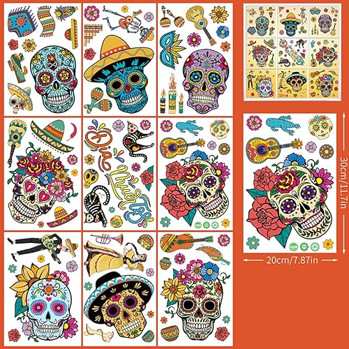 Miniatura 2 de 9 calcomanías mexicanas para ventana del Día de los Muertos, decoración de ventana de Halloween con calavera de azúcar, esqueleto, gnomo, flores,