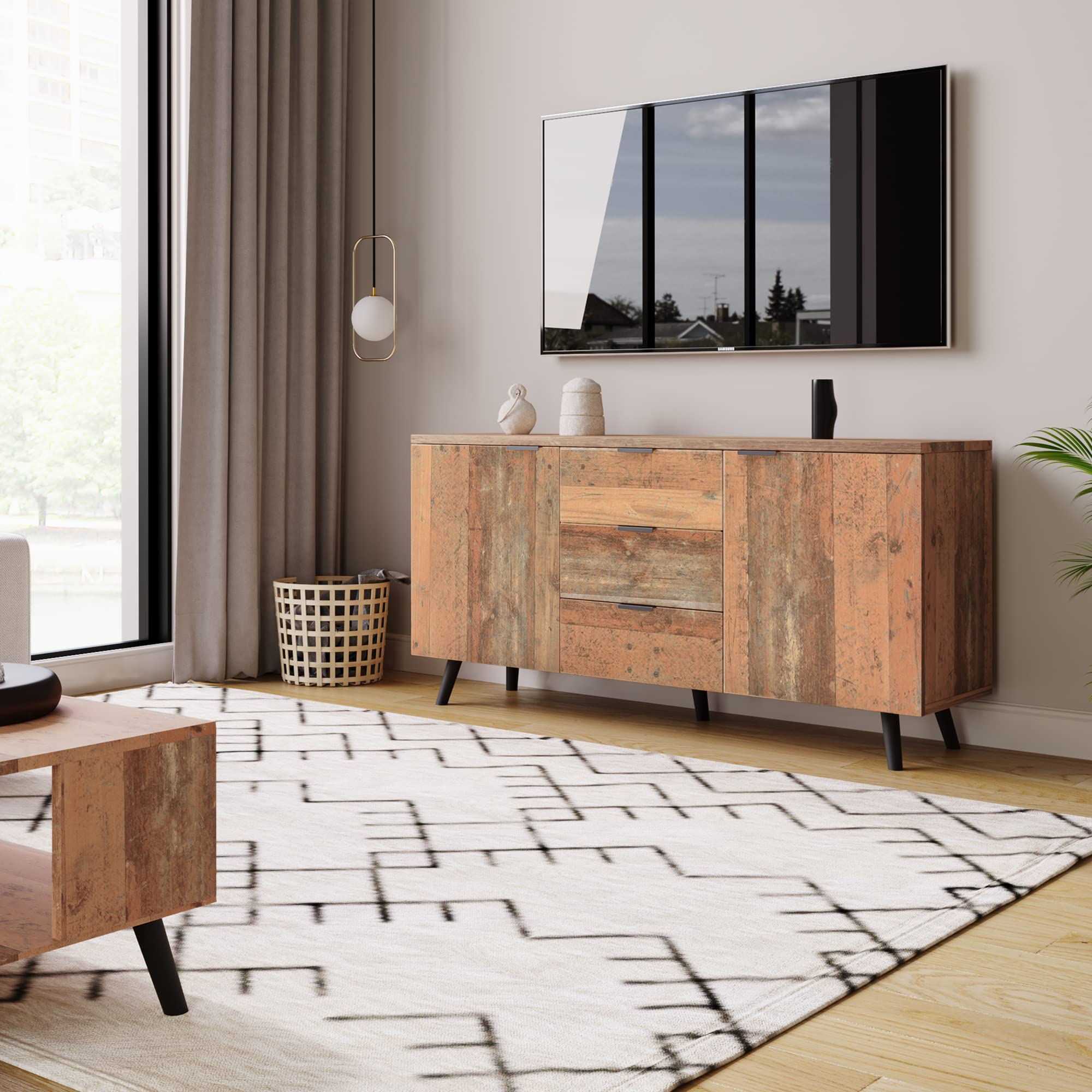 BTM Sideboard TV-Schrank mit verstellbaren Regalen, Kommode, vertikaler Schrank, Aufbewahrungsschrank, DREI Schubladen, für Wohnzimmer, Esszimmer, Schlafzimmer, Vintage, Braun, 140cm