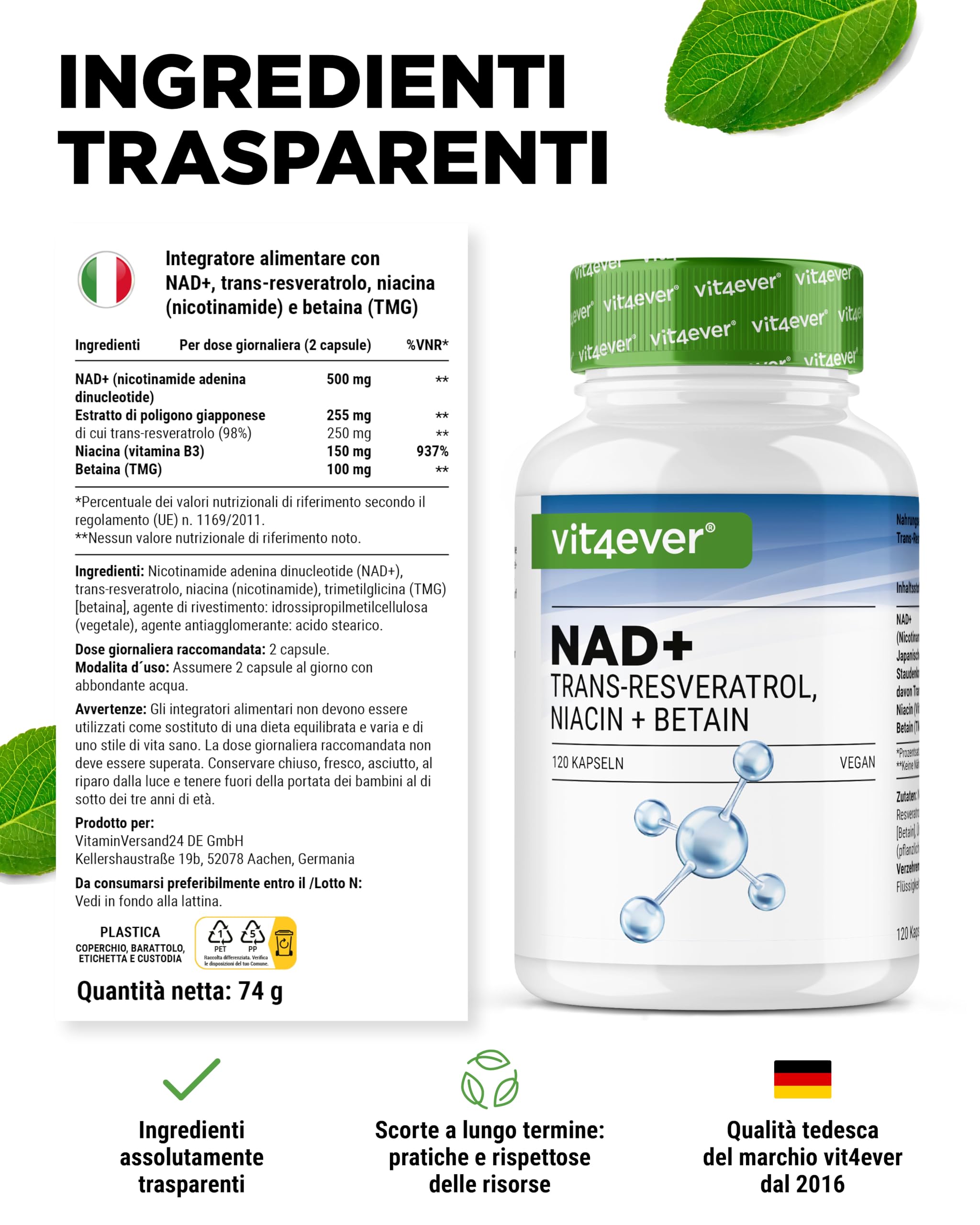 vit4ever Capsule NAD+ - 500 mg di NAD+ (Nicotinamide Adenina Dinucleotide) + 250 mg di Trans-Resveratrolo 98% + 150 mg di Niacina + 100 mg di Betaina (TMG) - 120 Capsule Vegane - Scorta per 60 Giorni