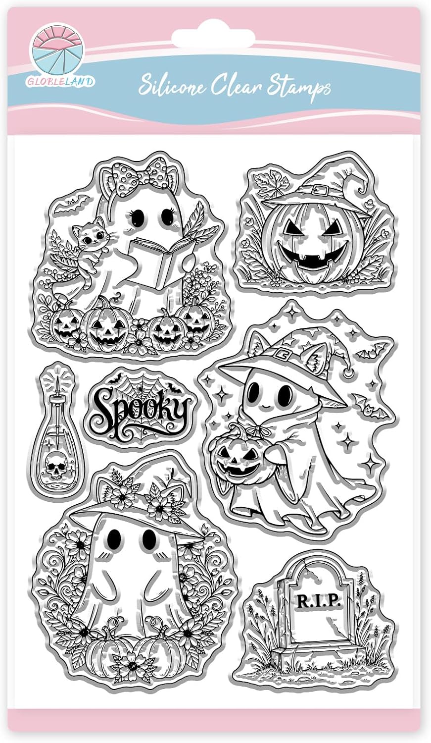 GLOBLELAND Halloween Ghost Cats Clear Stamps for Cards Making Specters Transparent Stamp Pumpkins Silicone Stamps Seal for Halloween DIY Scrapbooking Photo Album Decor