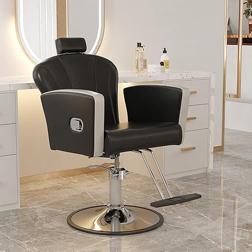 Miniatura 47 de KIGOTY Silla de salón para estilista, silla reclinable con bomba hidráulica, sillas giratorias de 360 grados con reposapiés y reposacabezas