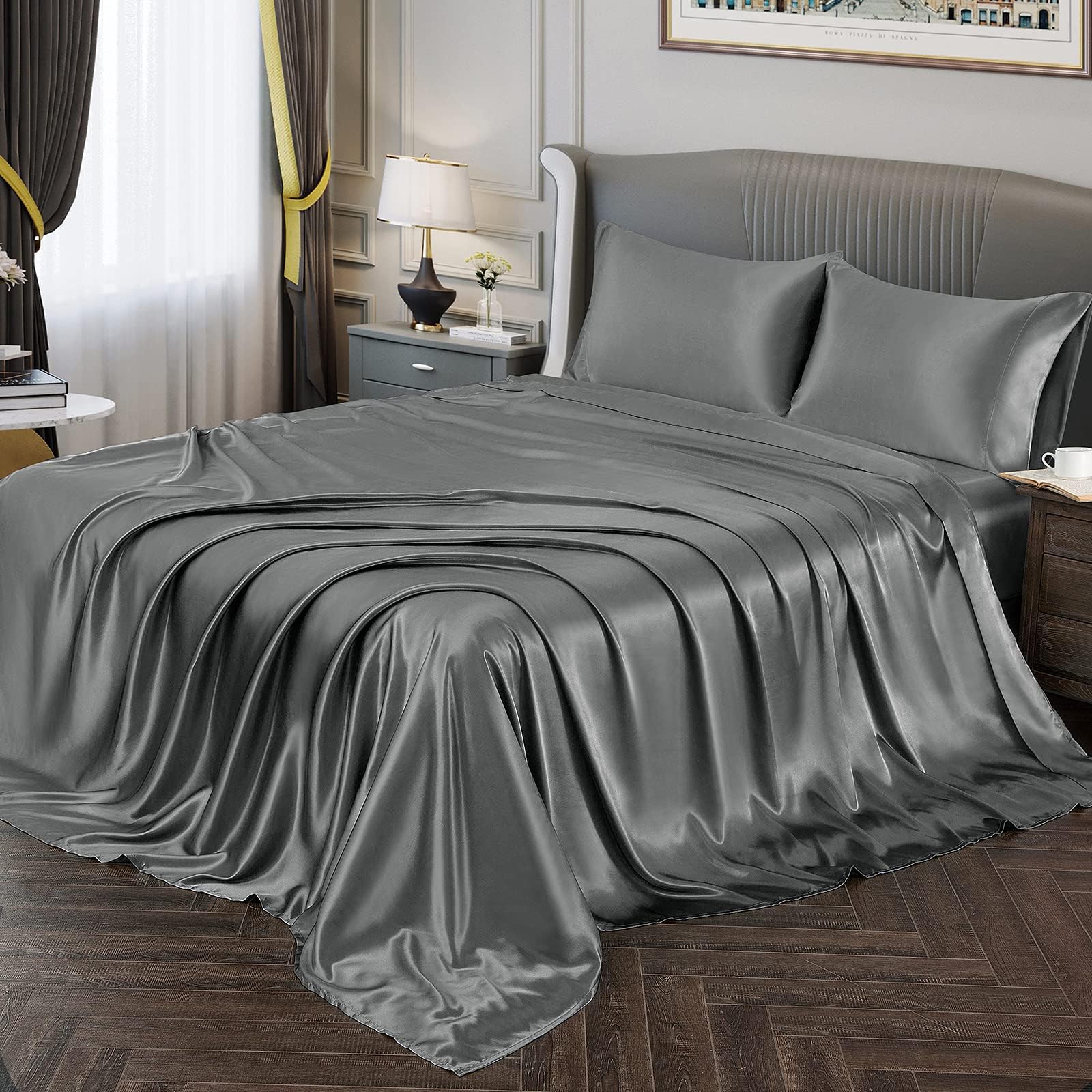 Vonty Satin Sheets King Size Silky Soft Satin Bed Sheets Grey Sheet Set, 1 Deep Pocket Fitted Sheet + 1 Flat Sheet + 2 Pillowcases
