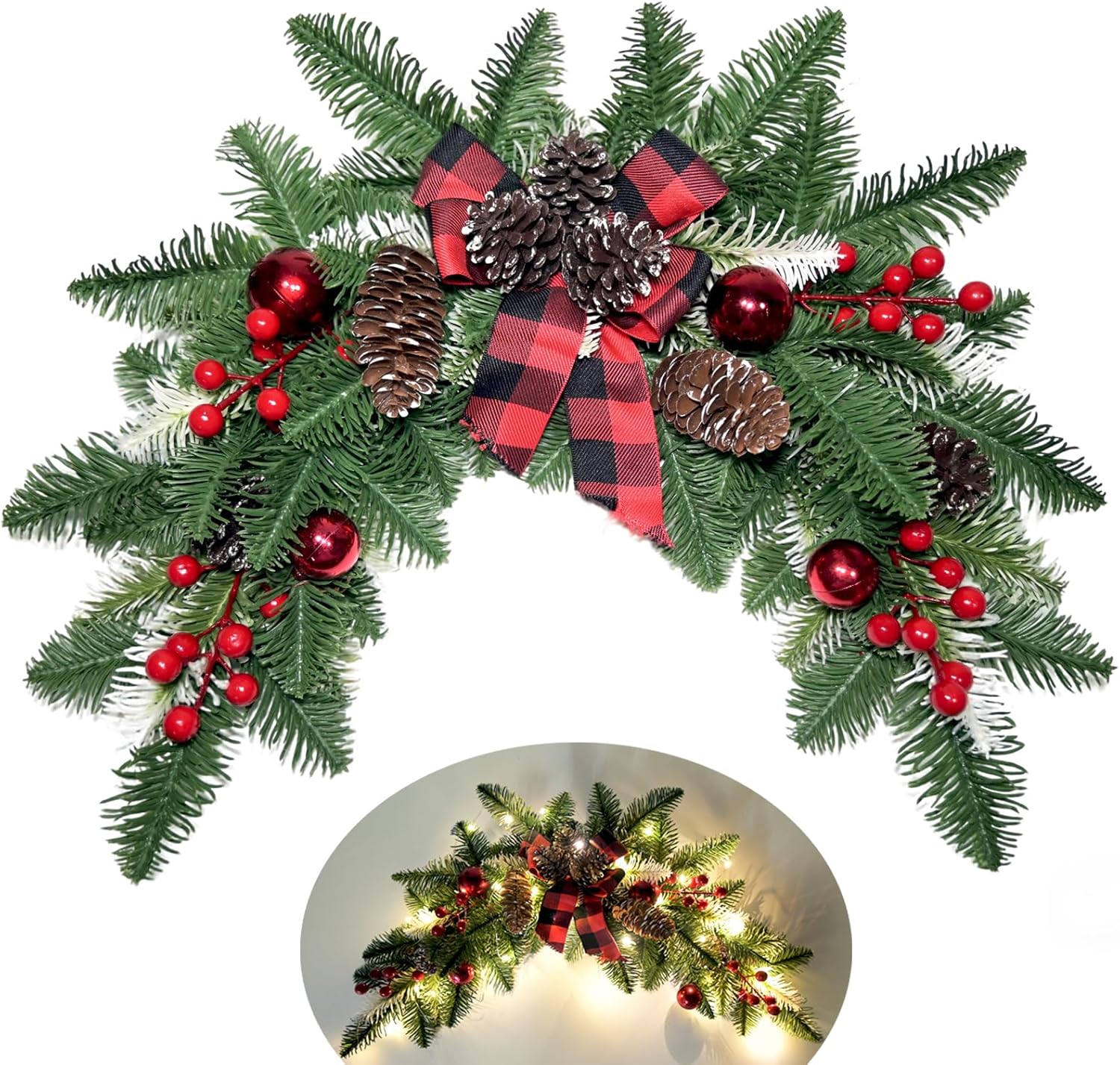 27.6" christmas swag with lights artificial decorative swag with cute bow red xmas balls pinecones red berries cedar pine swag wreath decoration for front door table window stair mantle holiday decor